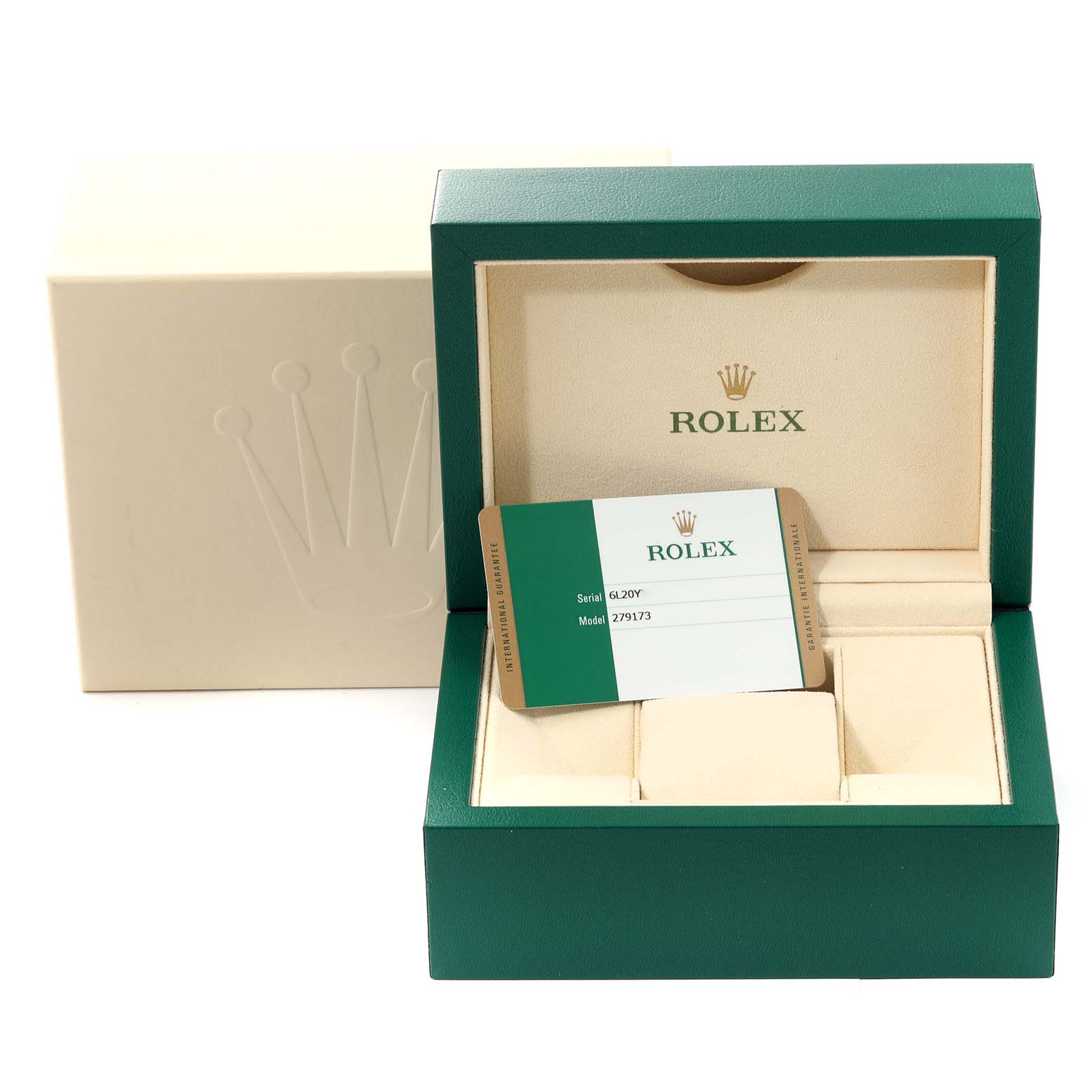 The image shows a Rolex Datejust 279173 Women's Steel and Gold (two tone) Champagne Dial 279173 Women's Steel and Gold (two tone) Champagne Dial model box, warranty card, and packaging from a frontal angle.