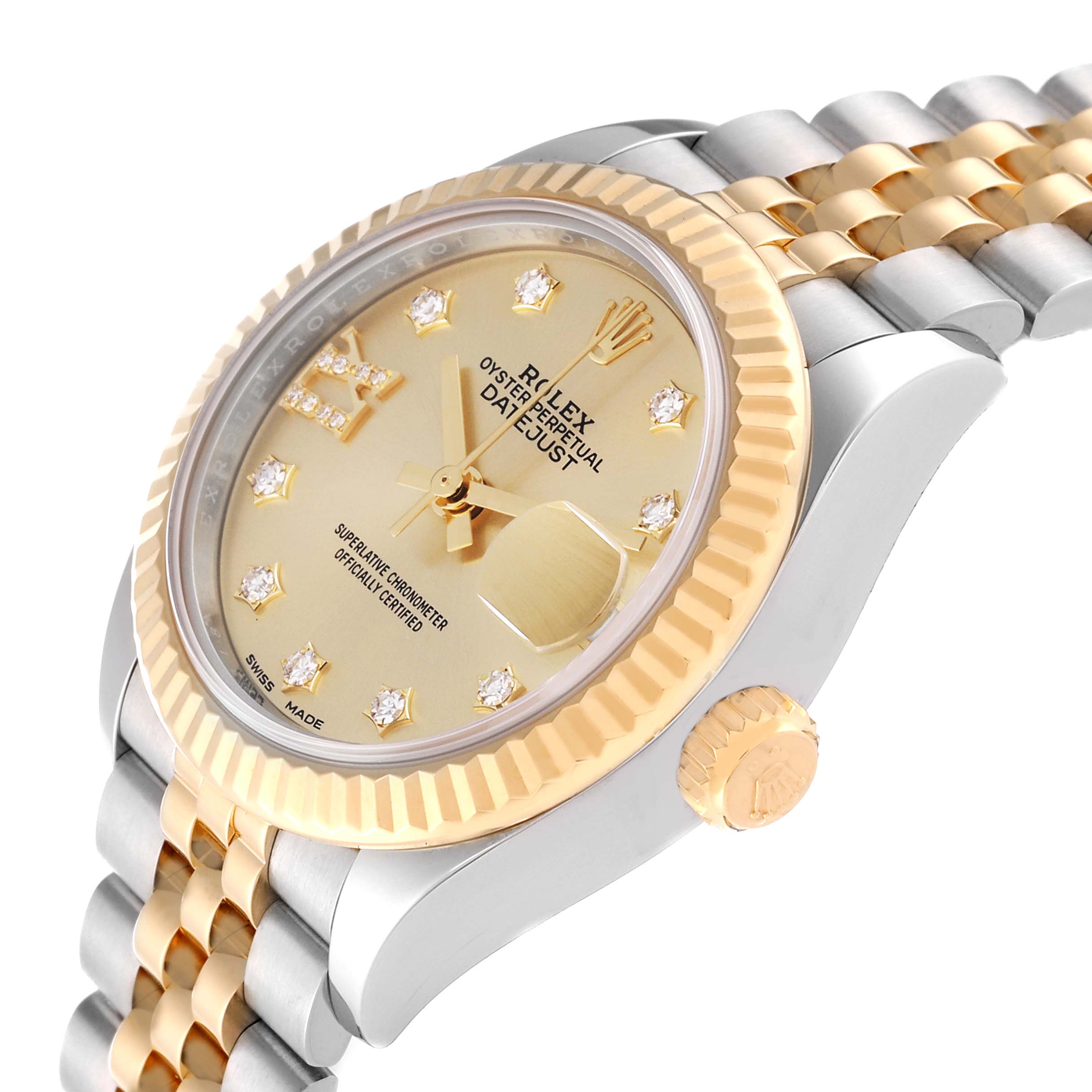 The image shows a Rolex Datejust 279173 Women's Steel and Gold (two tone) Champagne Dial 279173 Women's Steel and Gold (two tone) Champagne Dial watch at an angle highlighting the face, bezel, crown, and two-tone bracelet.