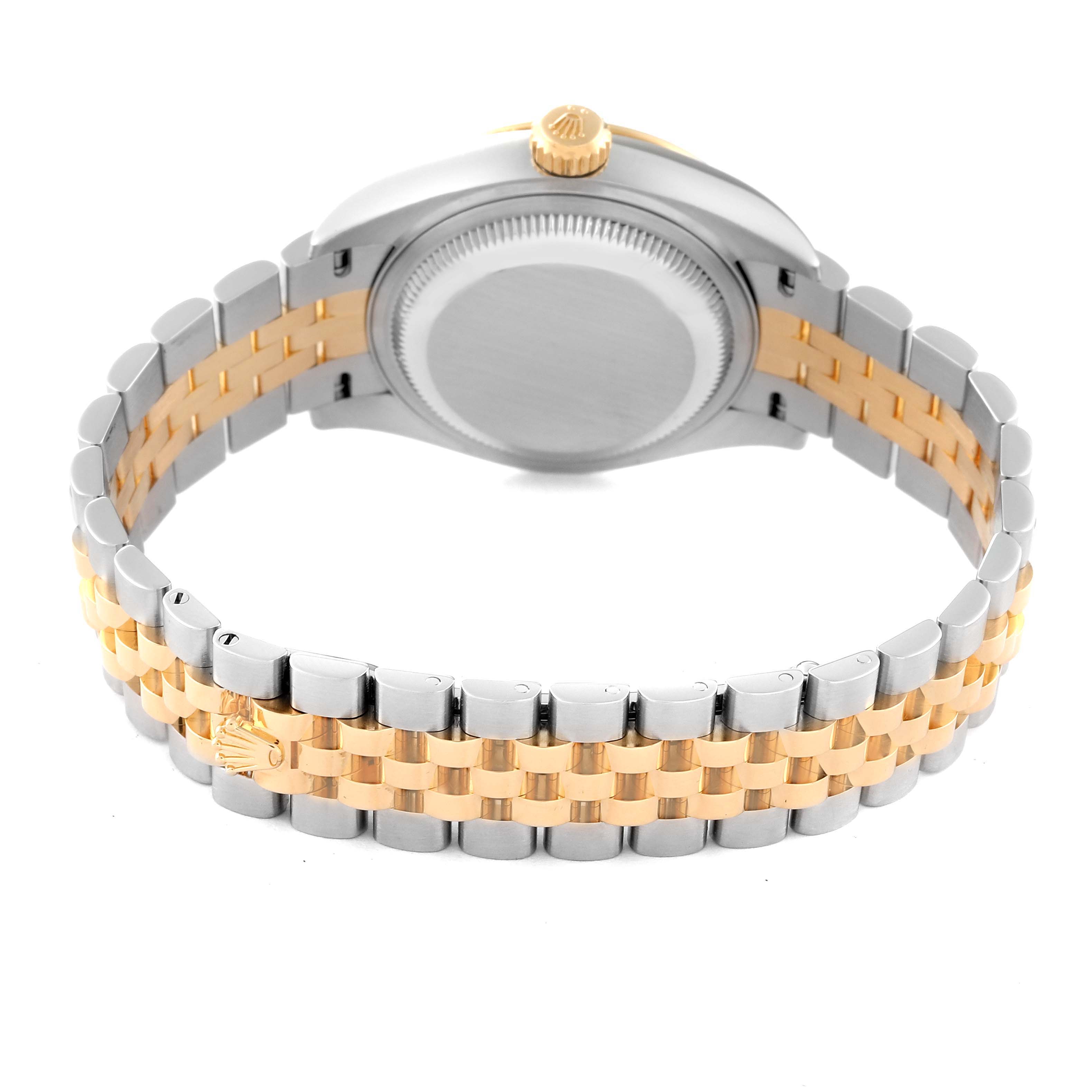 This image shows the back view of the Rolex Datejust 279173 Women's Steel and Gold (two tone) Champagne Dial 279173 Women's Steel and Gold (two tone) Champagne Dial model, highlighting the case back and Jubilee bracelet.