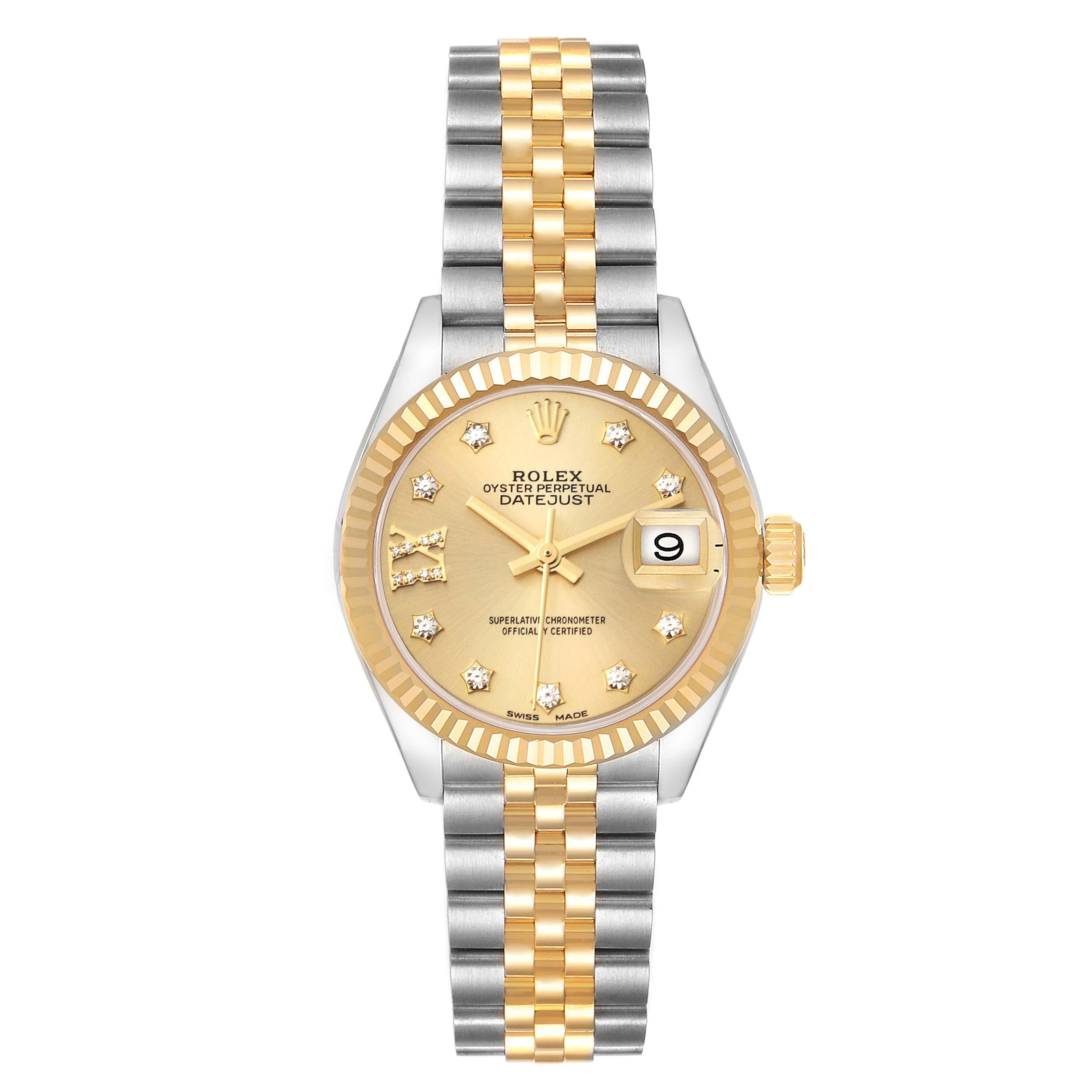 The image shows a frontal view of a Rolex Datejust 279173 Women's Steel and Gold (two tone) Champagne Dial 279173 Women's Steel and Gold (two tone) Champagne Dial watch, featuring its dial, fluted bezel, and Jubilee bracelet.