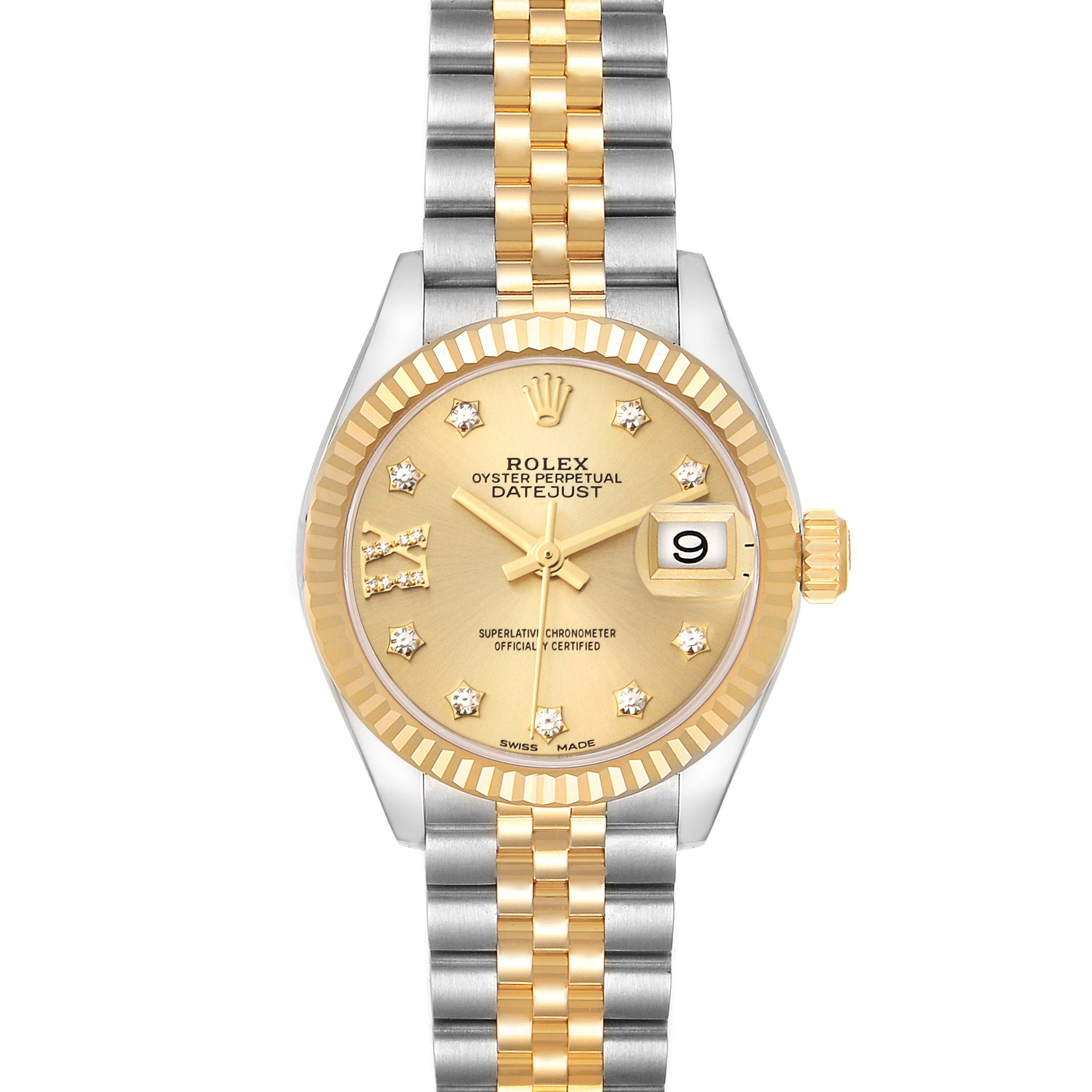The image shows a frontal view of a Rolex Datejust 279173 Women's Steel and Gold (two tone) Champagne Dial 279173 Women's Steel and Gold (two tone) Champagne Dial watch with a two-tone bracelet and a gold dial.