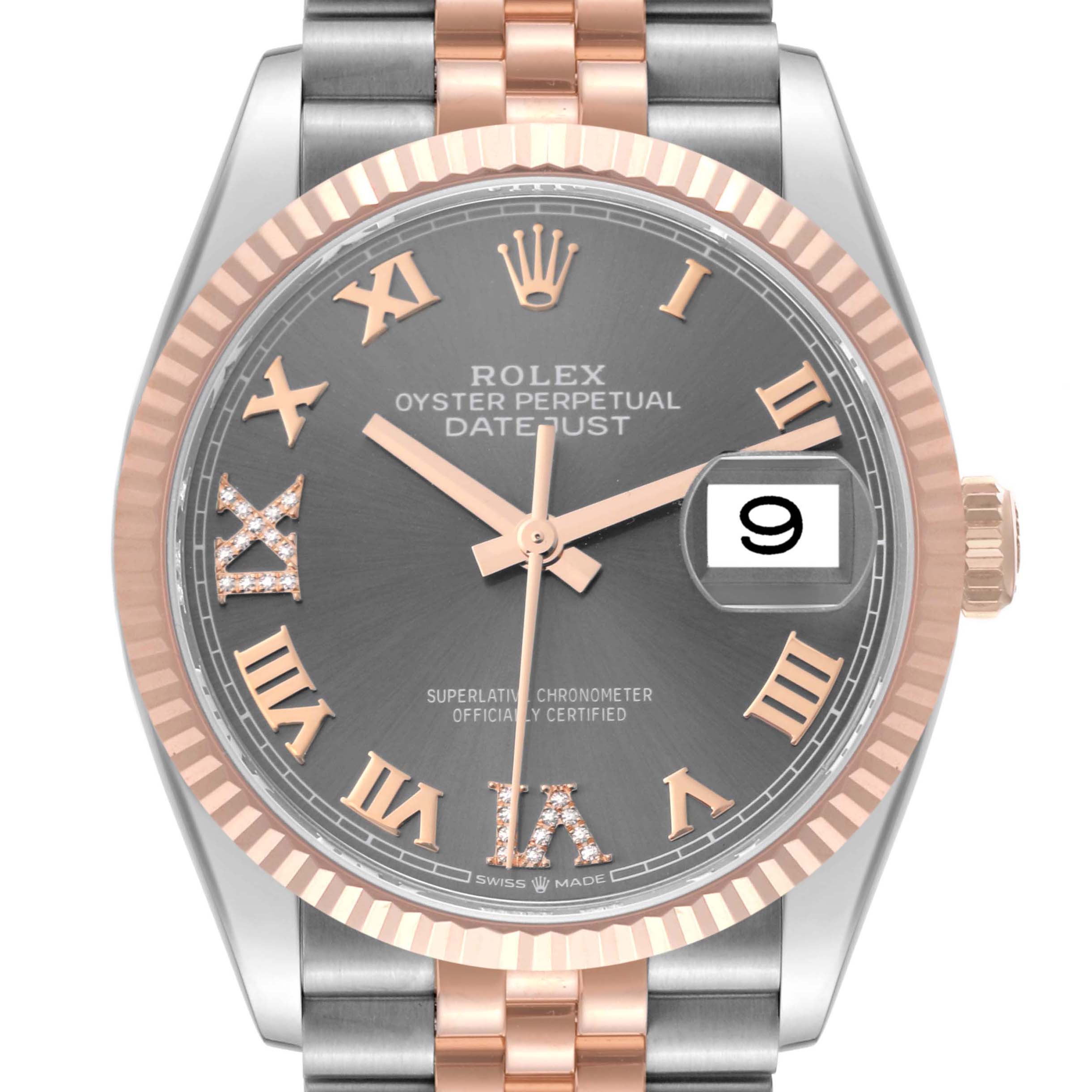 This image shows a front view of the Rolex Datejust 126231 Men's Steel and Gold (two tone) Grey Dial 126231 Men's Steel and Gold (two tone) Grey Dial watch featuring a two-tone bracelet, fluted bezel, and a date display.