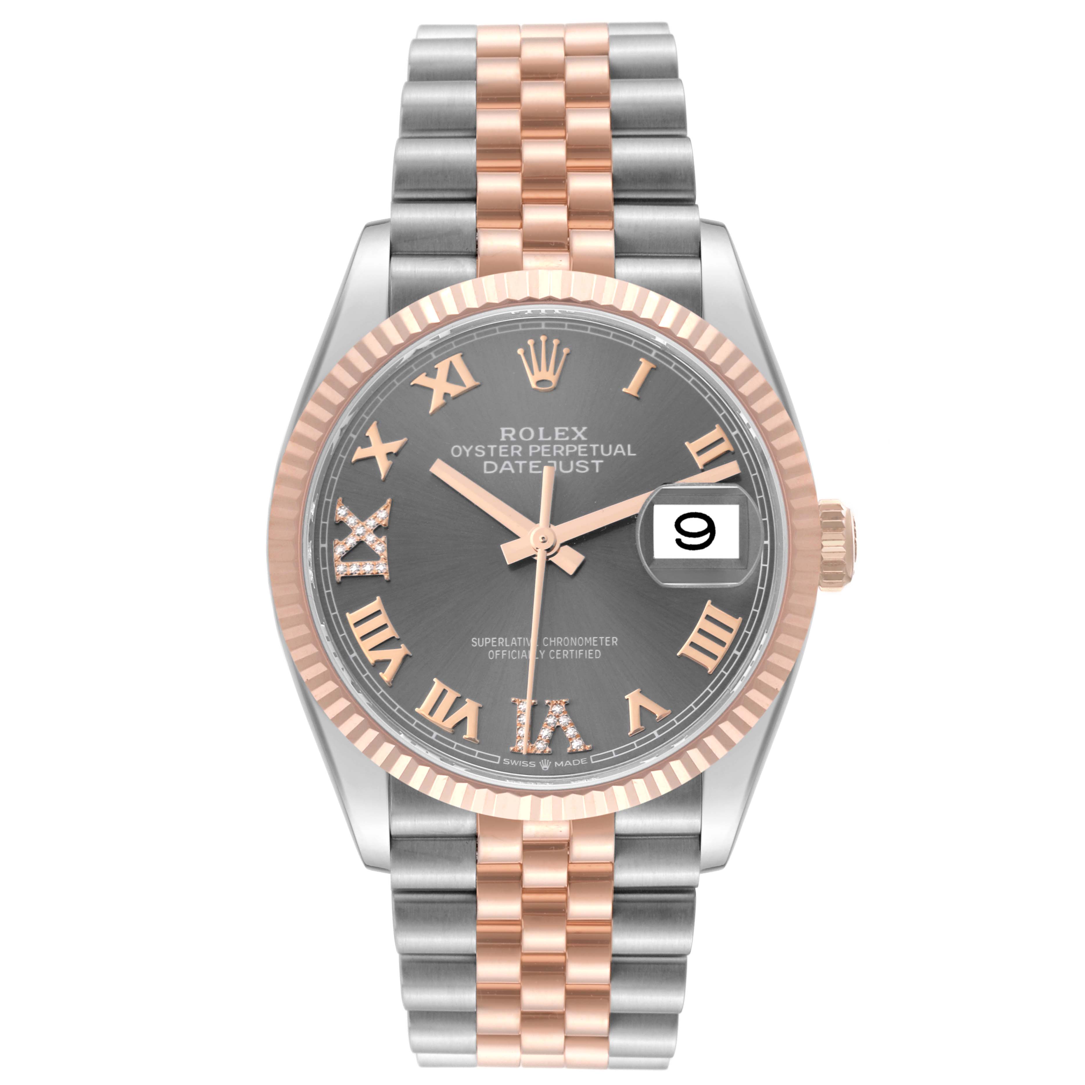 This image shows a front view of a Rolex Datejust 126231 Men's Steel and Gold (two tone) Grey Dial 126231 Men's Steel and Gold (two tone) Grey Dial watch, highlighting its two-tone bracelet, grey dial, and date window.