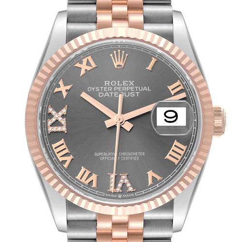 This image shows a front view of a Rolex Oyster Perpetual Datejust watch, highlighting the dial, bezel, and part of the bracelet.