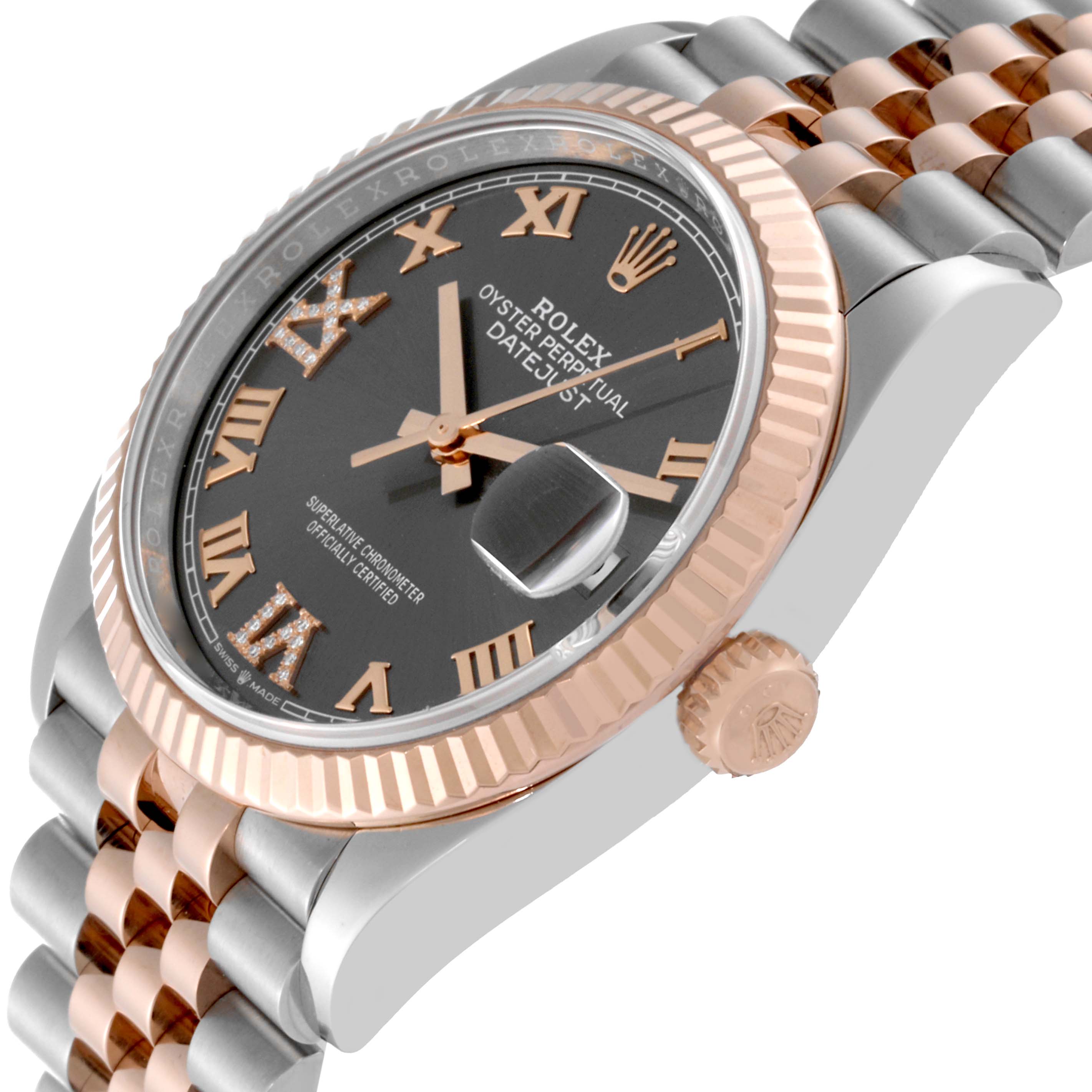 This image shows a side angle of the Rolex Datejust 126231 Men's Steel and Gold (two tone) Grey Dial 126231 Men's Steel and Gold (two tone) Grey Dial watch, highlighting the bezel, crown, and bracelet.