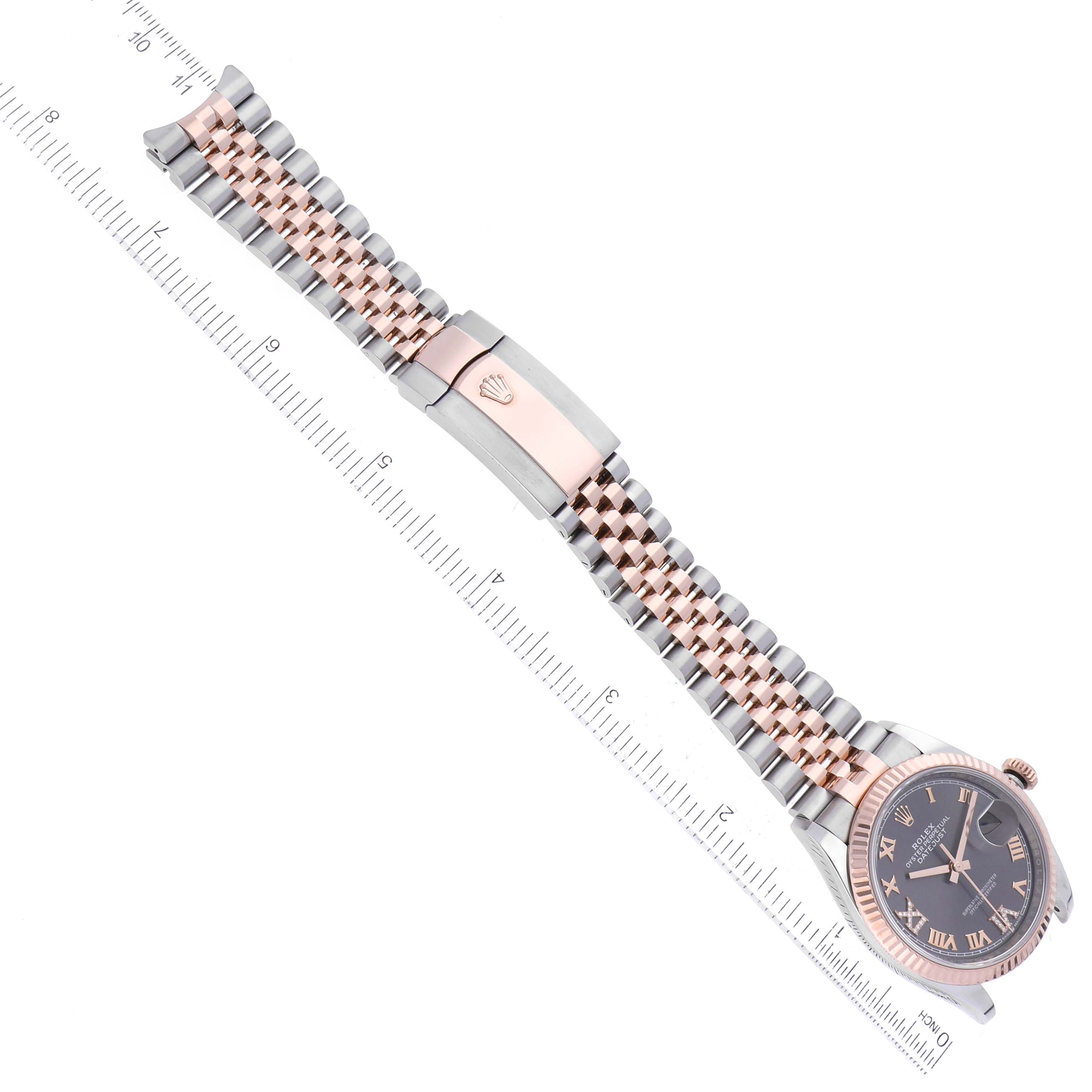 This image shows a full-length view of a Rolex Datejust 126231 Men's Steel and Gold (two tone) Grey Dial 126231 Men's Steel and Gold (two tone) Grey Dial watch, highlighting the stainless steel and gold Jubilee bracelet and watch face.