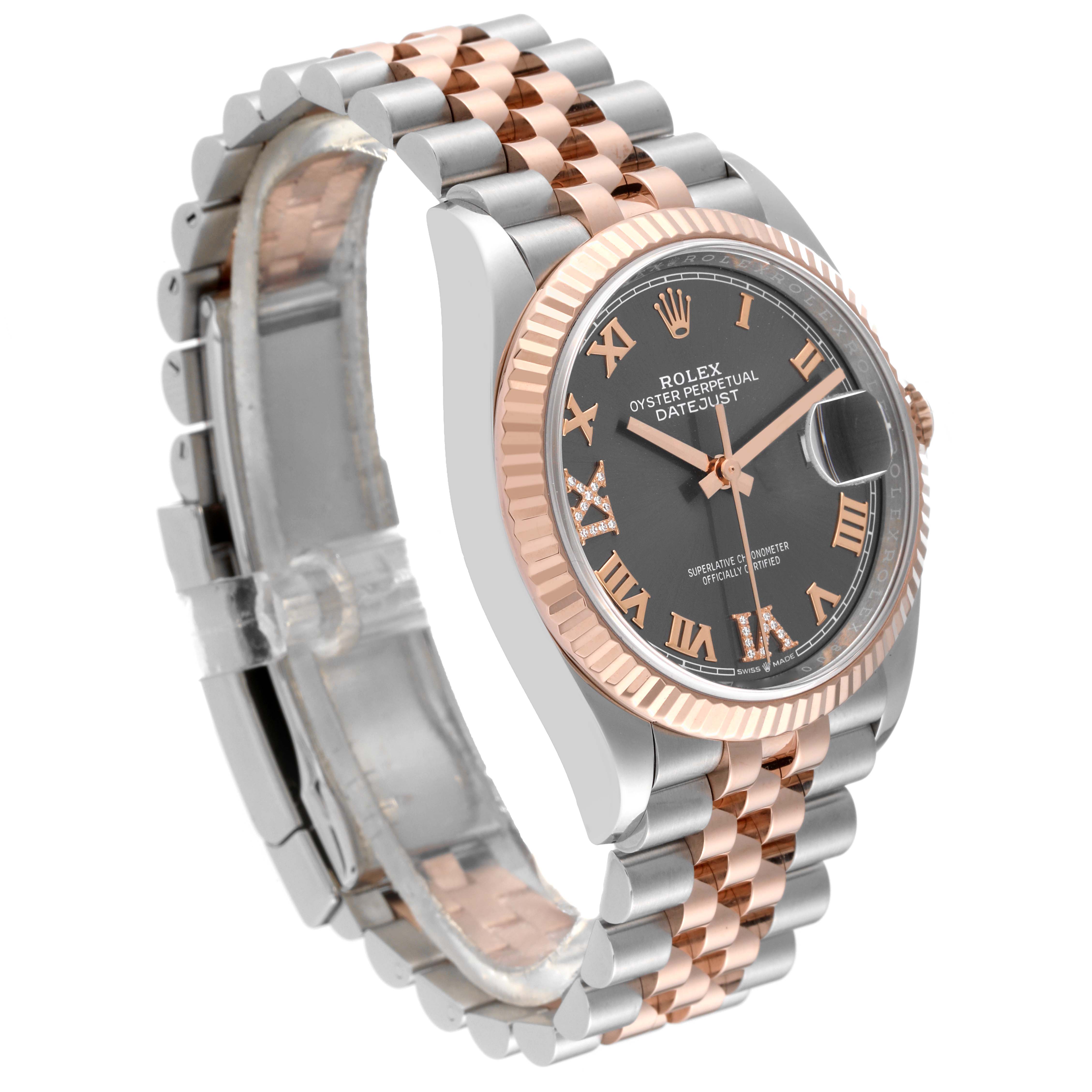 This image shows a side angle of a Rolex Datejust 126231 Men's Steel and Gold (two tone) Grey Dial 126231 Men's Steel and Gold (two tone) Grey Dial watch, highlighting the two-tone bracelet, fluted bezel, and black dial with Roman numerals.