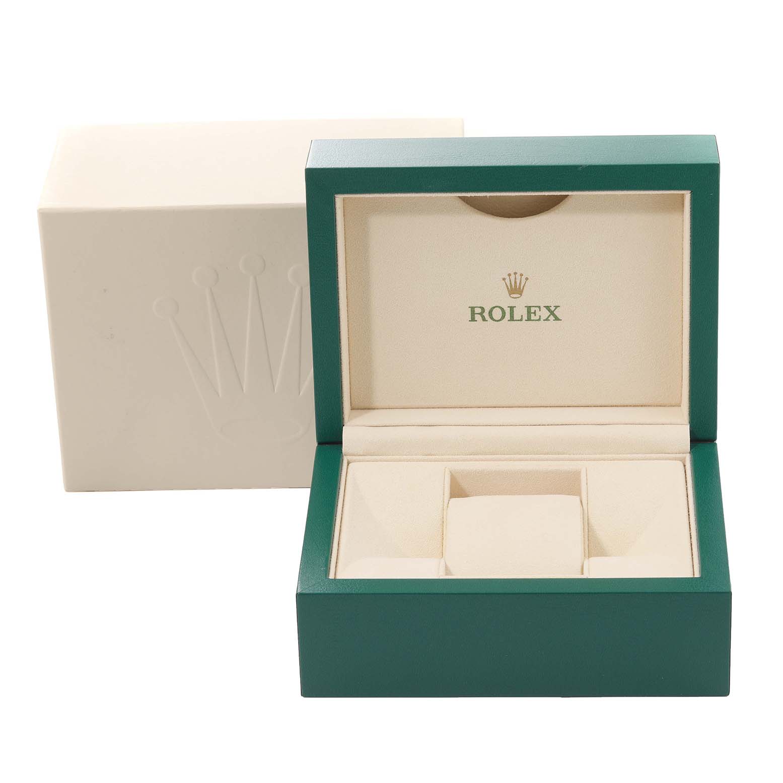 The image shows an open Rolex Datejust 126231 Men's Steel and Gold (two tone) Grey Dial 126231 Men's Steel and Gold (two tone) Grey Dial watch box in green and cream with a logo, highlighting the watch cushion and compartment.