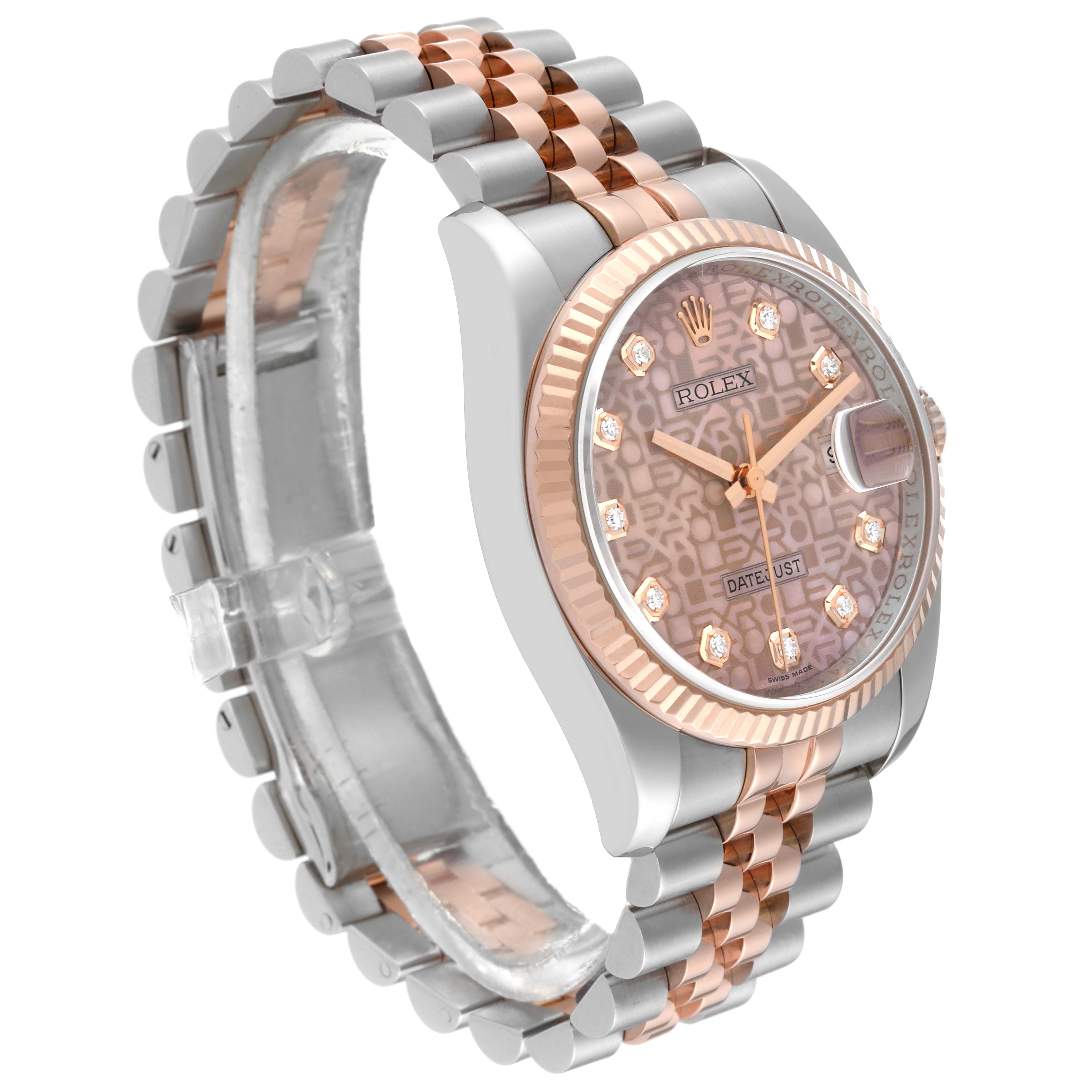 This image shows a side angle of a Rolex Datejust 116231 Men's Steel and Gold (two tone) Pink Dial 116231 Men's Steel and Gold (two tone) Pink Dial watch, highlighting its bezel, face, and bracelet.
