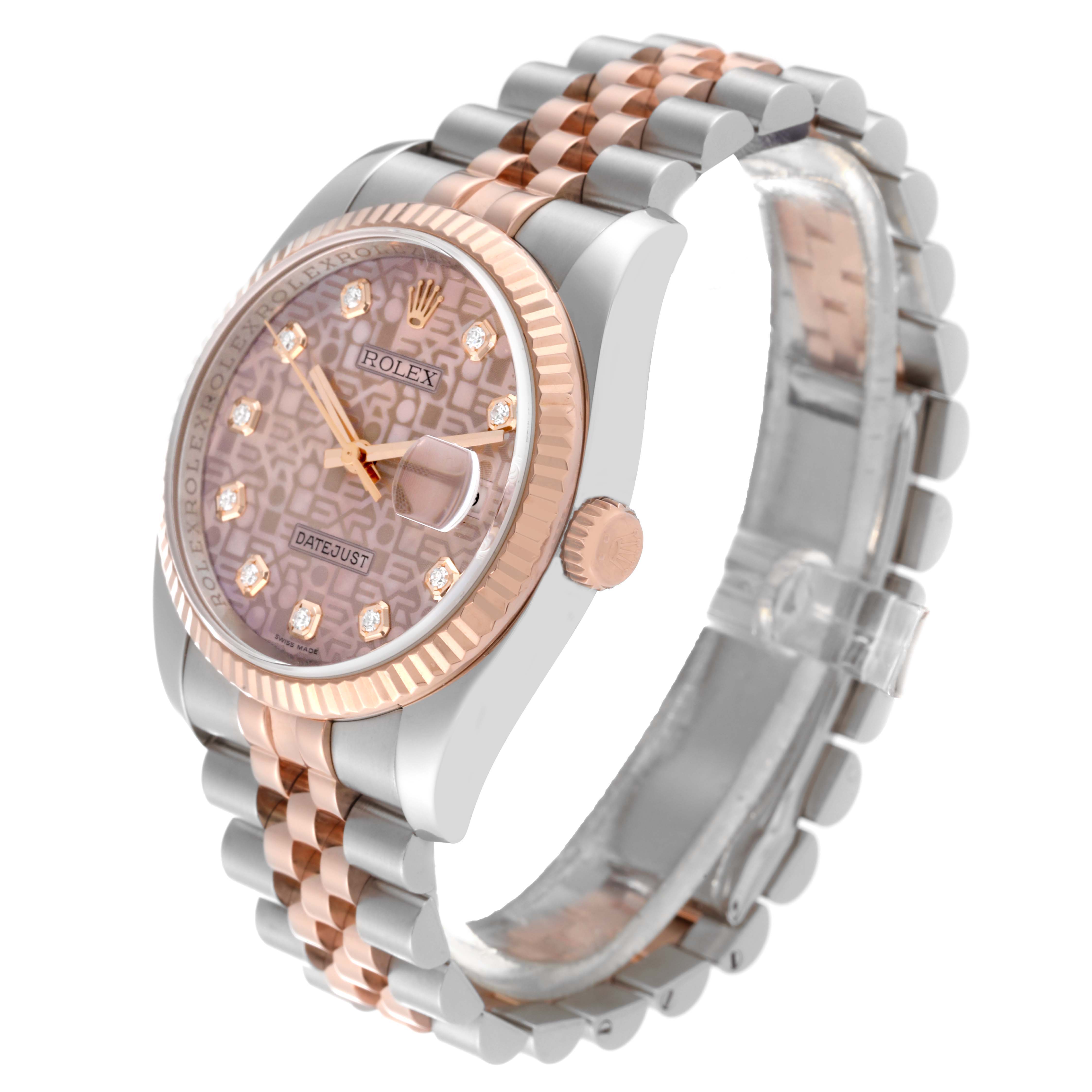The Rolex Datejust 116231 Men's Steel and Gold (two tone) Pink Dial 116231 Men's Steel and Gold (two tone) Pink Dial watch is shown from a three-quarter view, displaying the dial, bezel, crown, and part of the jubilee bracelet.