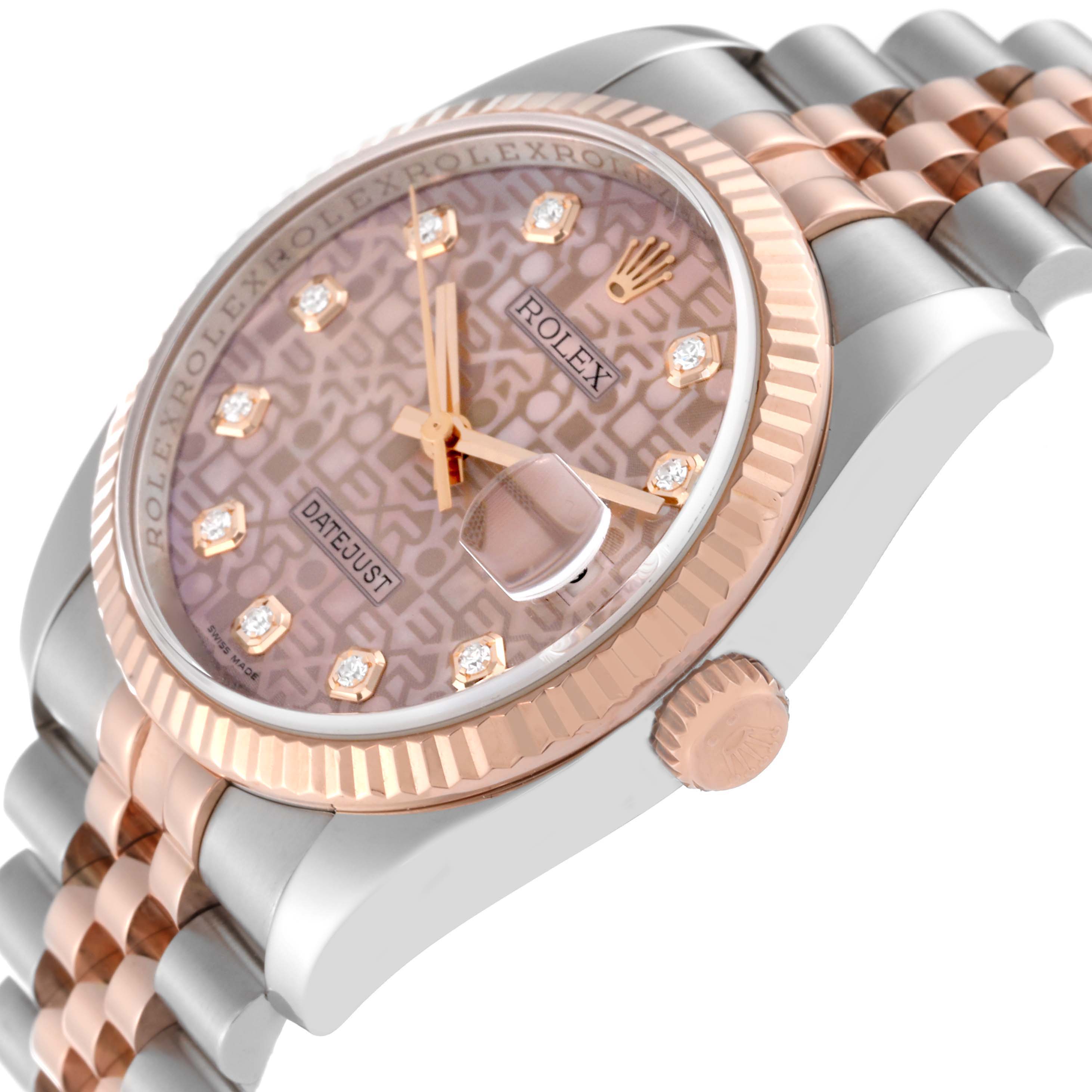 The image shows a side angle of a Rolex Datejust 116231 Men's Steel and Gold (two tone) Pink Dial 116231 Men's Steel and Gold (two tone) Pink Dial watch, highlighting the bezel, dial, and part of the bracelet.