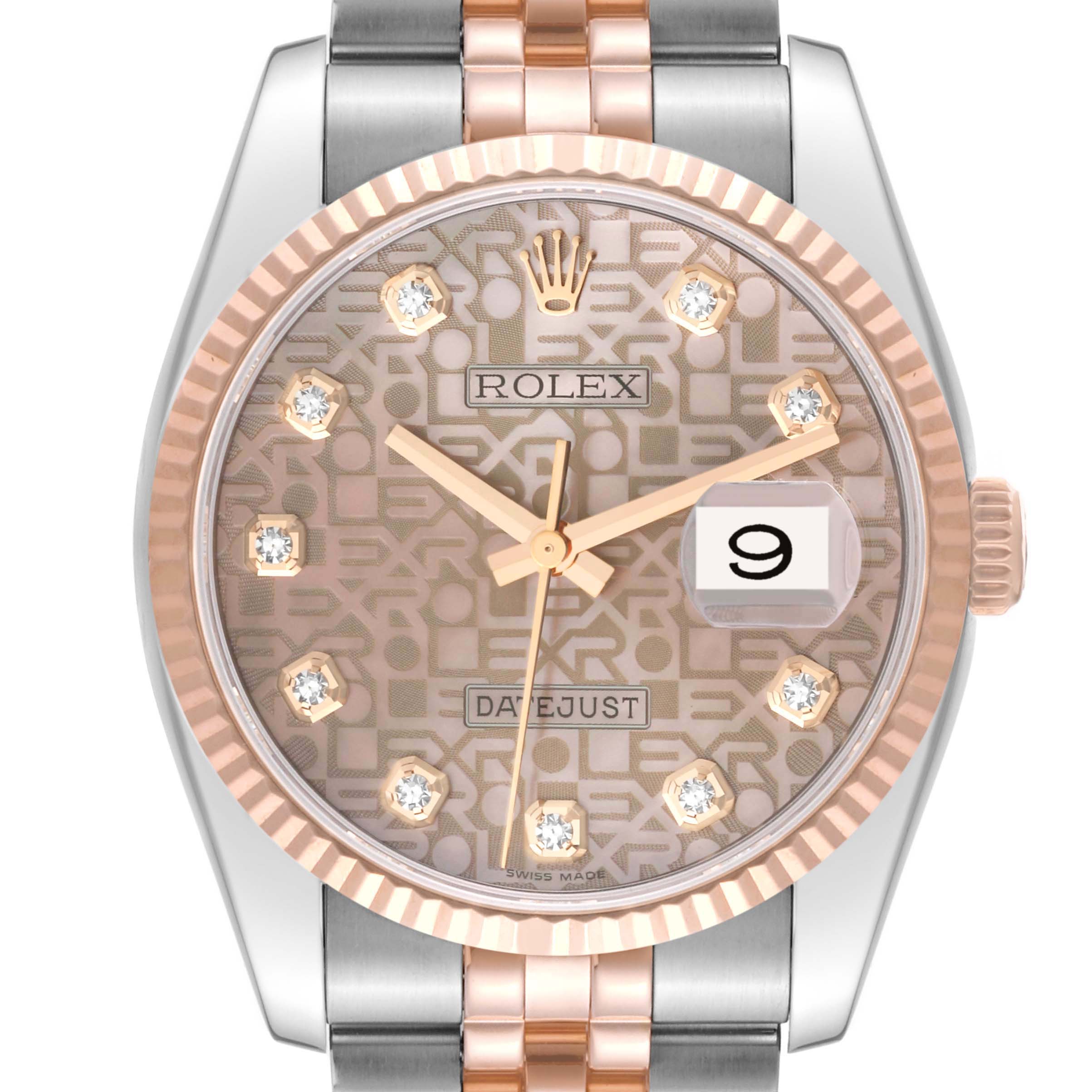 This is a close-up of a Rolex Datejust 116231 Men's Steel and Gold (two tone) Pink Dial 116231 Men's Steel and Gold (two tone) Pink Dial watch showing the face, hands, date display, and part of the bracelet.