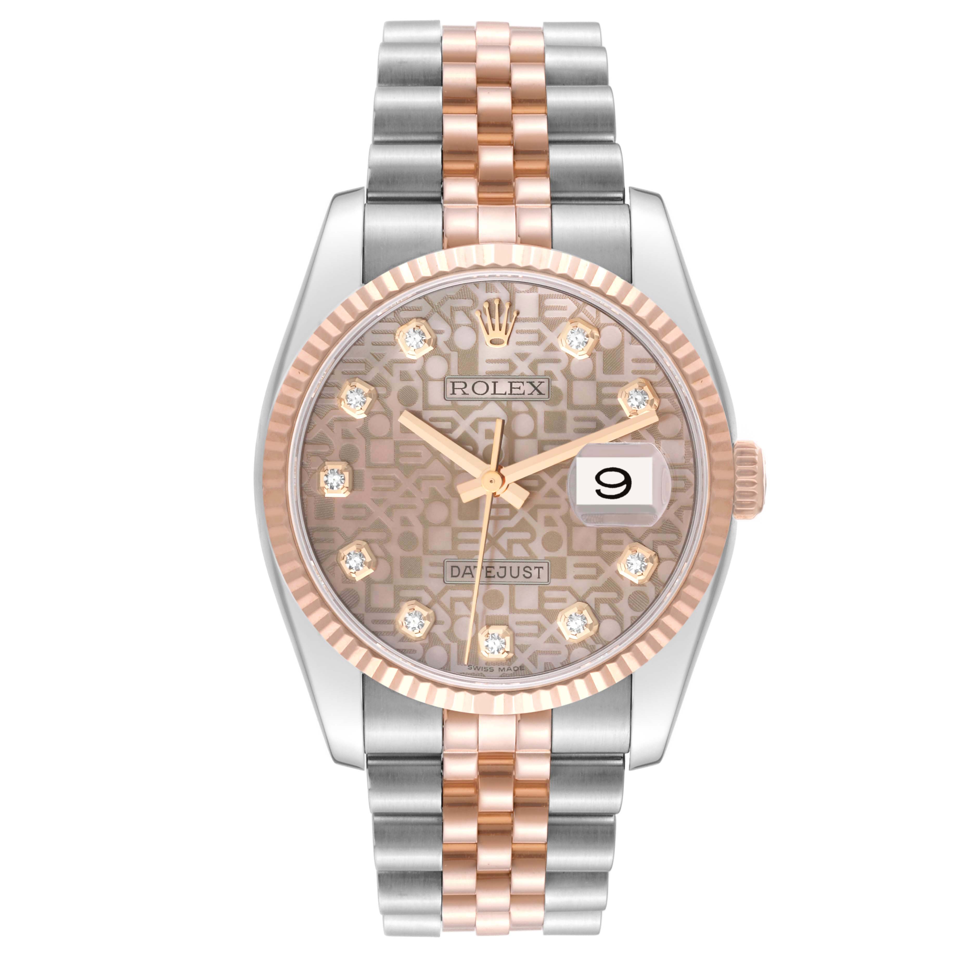 This is a front view of a Rolex Datejust 116231 Men's Steel and Gold (two tone) Pink Dial 116231 Men's Steel and Gold (two tone) Pink Dial watch, showing its dial, hands, crown, and two-tone metal bracelet.