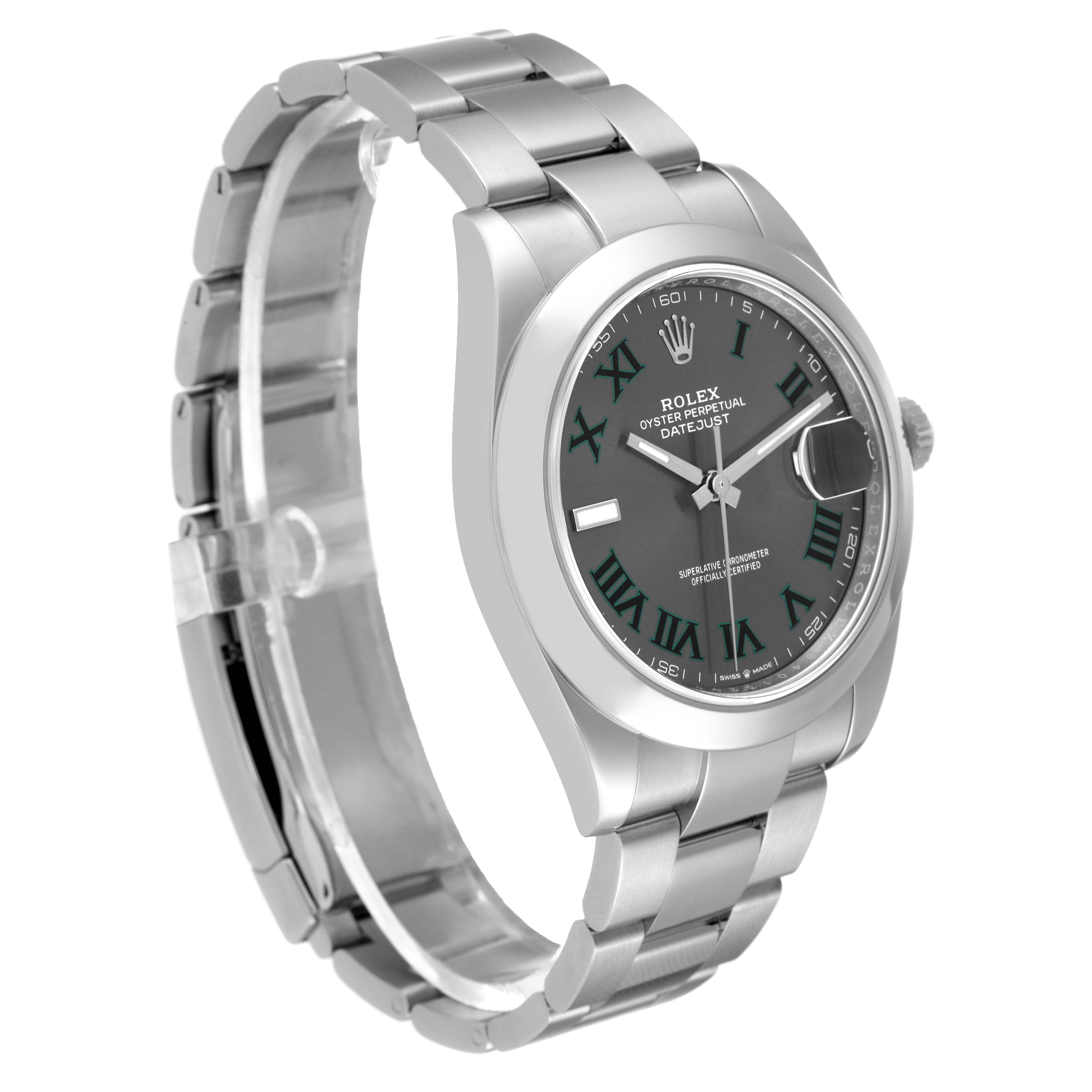 The image shows a side angle of the Rolex Datejust 41 126300 Men
s Stainless Steel Grey Dial 126300 Men
s Stainless Steel Grey Dial watch, highlighting the stainless steel band and dark dial.