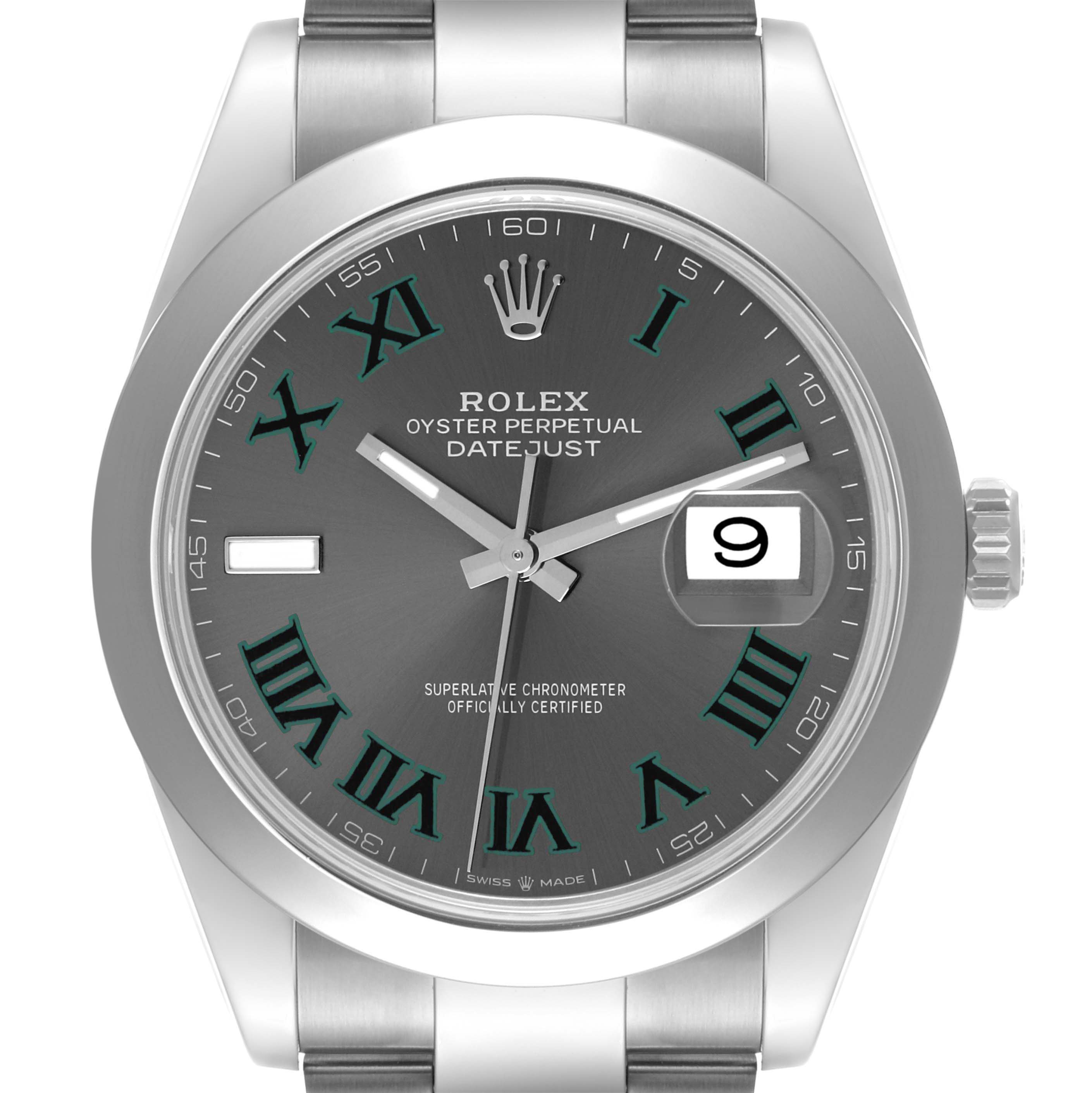 This is a frontal view of the Rolex Datejust 41 126300 Men
s Stainless Steel Grey Dial 126300 Men
s Stainless Steel Grey Dial model, showcasing the watch face, hour markers, date window, and crown.
