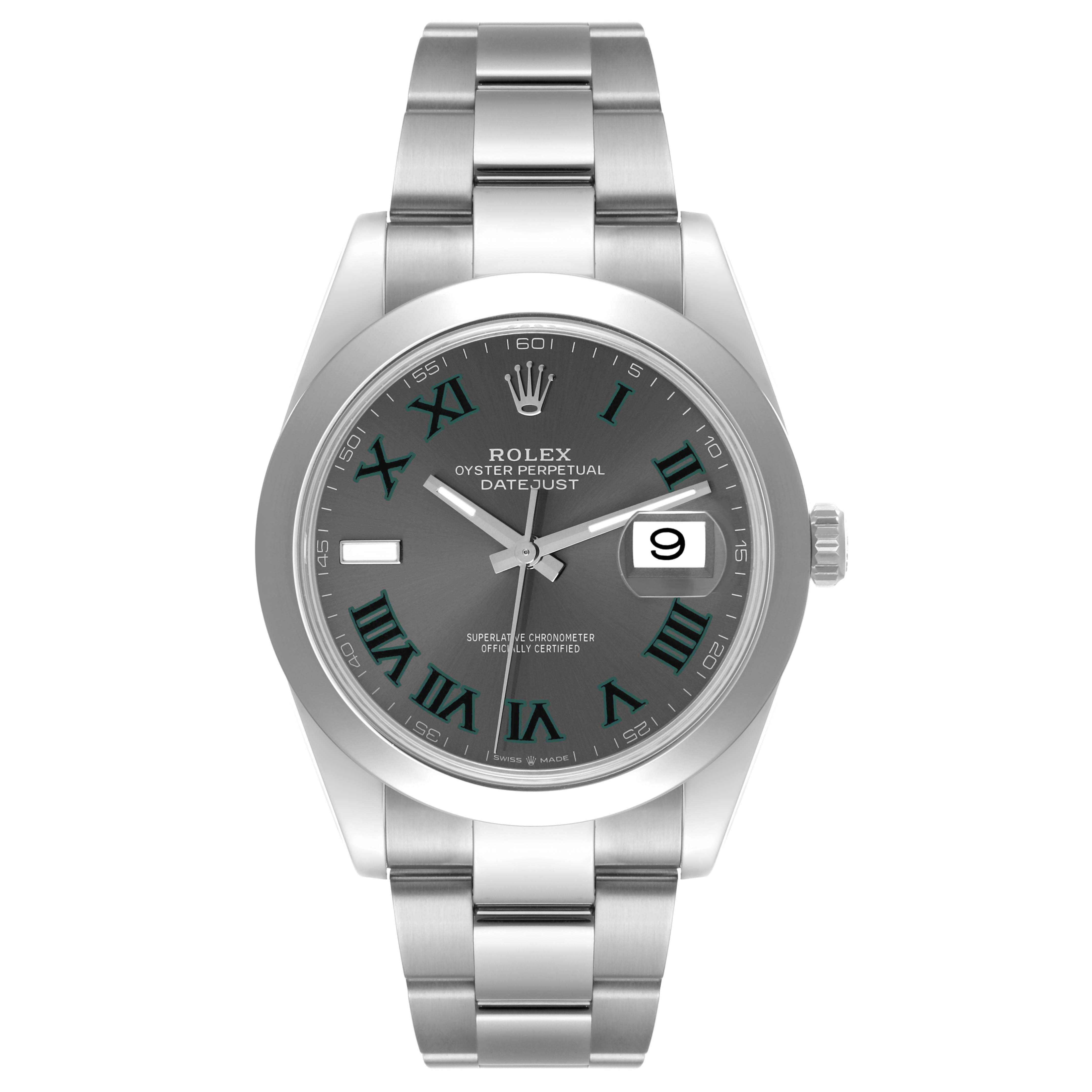 This image shows a frontal view of a Rolex Datejust 41 126300 Men
s Stainless Steel Grey Dial 126300 Men
s Stainless Steel Grey Dial watch featuring a gray dial with Roman numerals and a stainless steel bracelet.