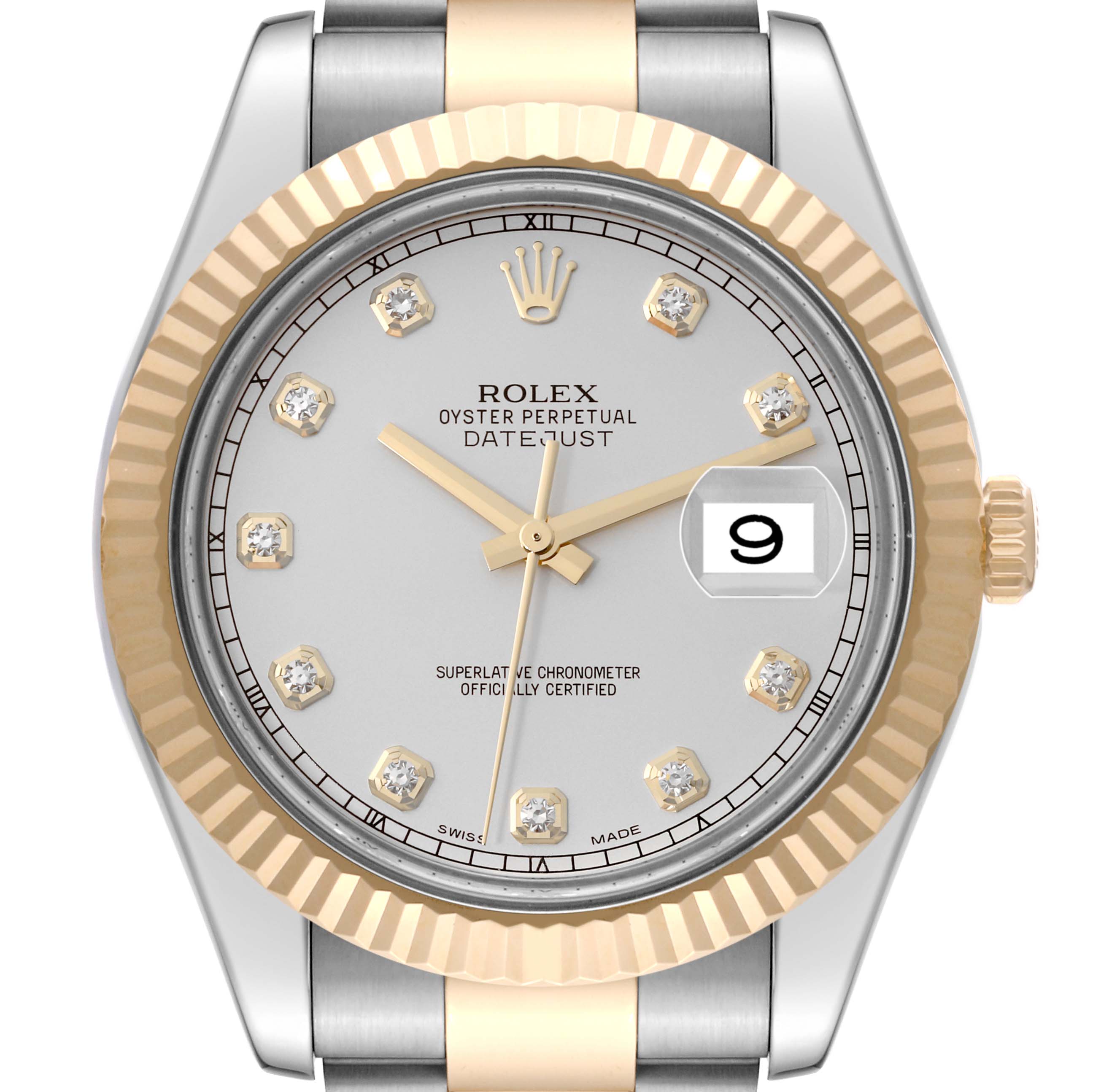 This image shows a front view of the Rolex Datejust 41 116333 Men's Steel and Gold (two tone) Silver Dial 116333 Men's Steel and Gold (two tone) Silver Dial watch, highlighting the dial, bezel, and part of the bracelet.