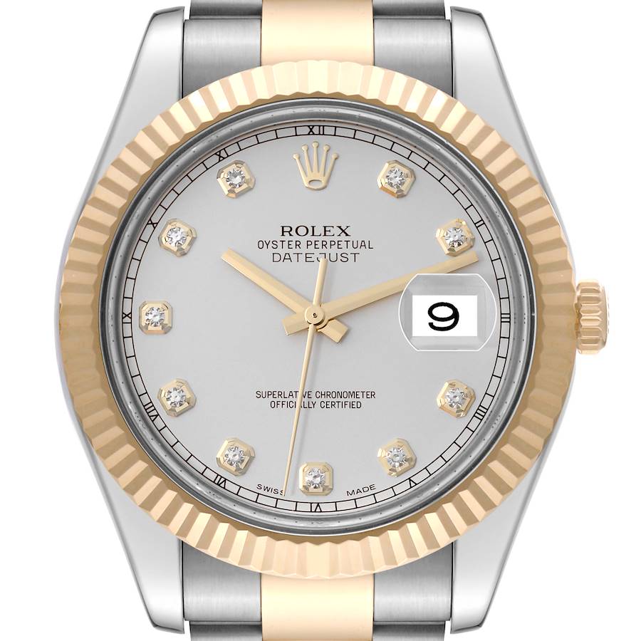 Rolex Datejust II Steel Yellow Gold Silver Diamond Dial Mens Watch 116333 SwissWatchExpo