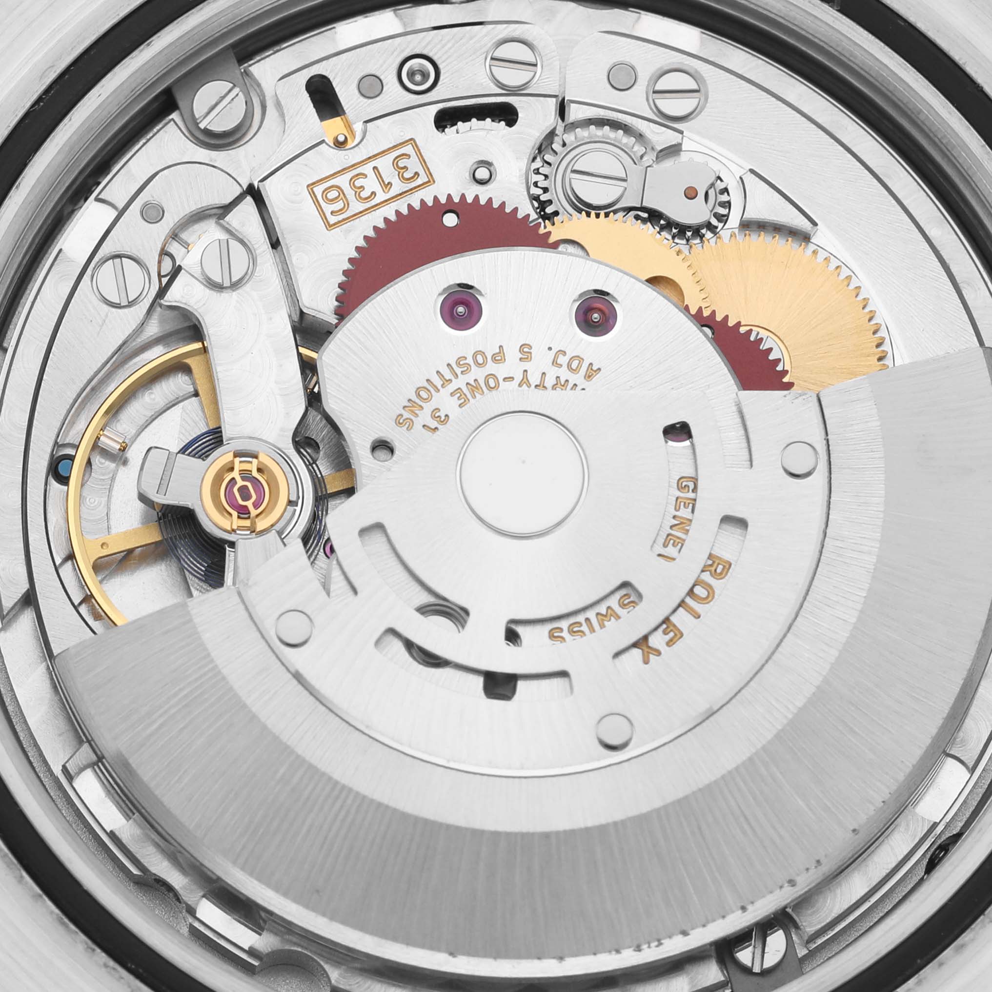 This image shows the internal movement mechanism of a Rolex Datejust 41 116333 Men's Steel and Gold (two tone) Silver Dial 116333 Men's Steel and Gold (two tone) Silver Dial watch from a close-up angle.