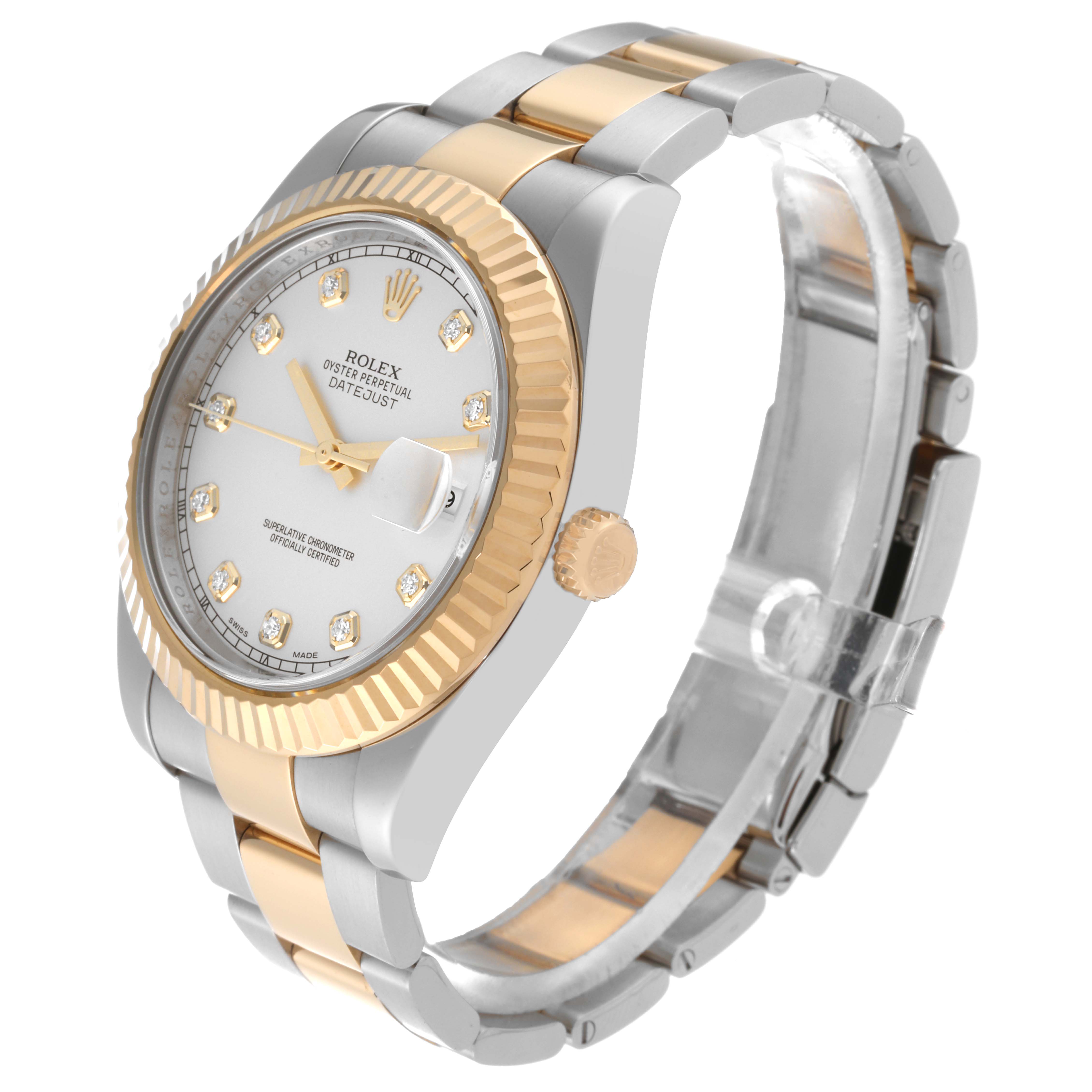 The image shows a Rolex Datejust 41 116333 Men's Steel and Gold (two tone) Silver Dial 116333 Men's Steel and Gold (two tone) Silver Dial watch at a three-quarter angle, highlighting the dial, fluted bezel, and two-tone bracelet.