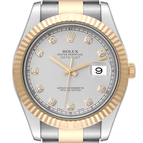 The image shows a front view of a Rolex Datejust 41 watch, highlighting its dial, fluted bezel, and date window.