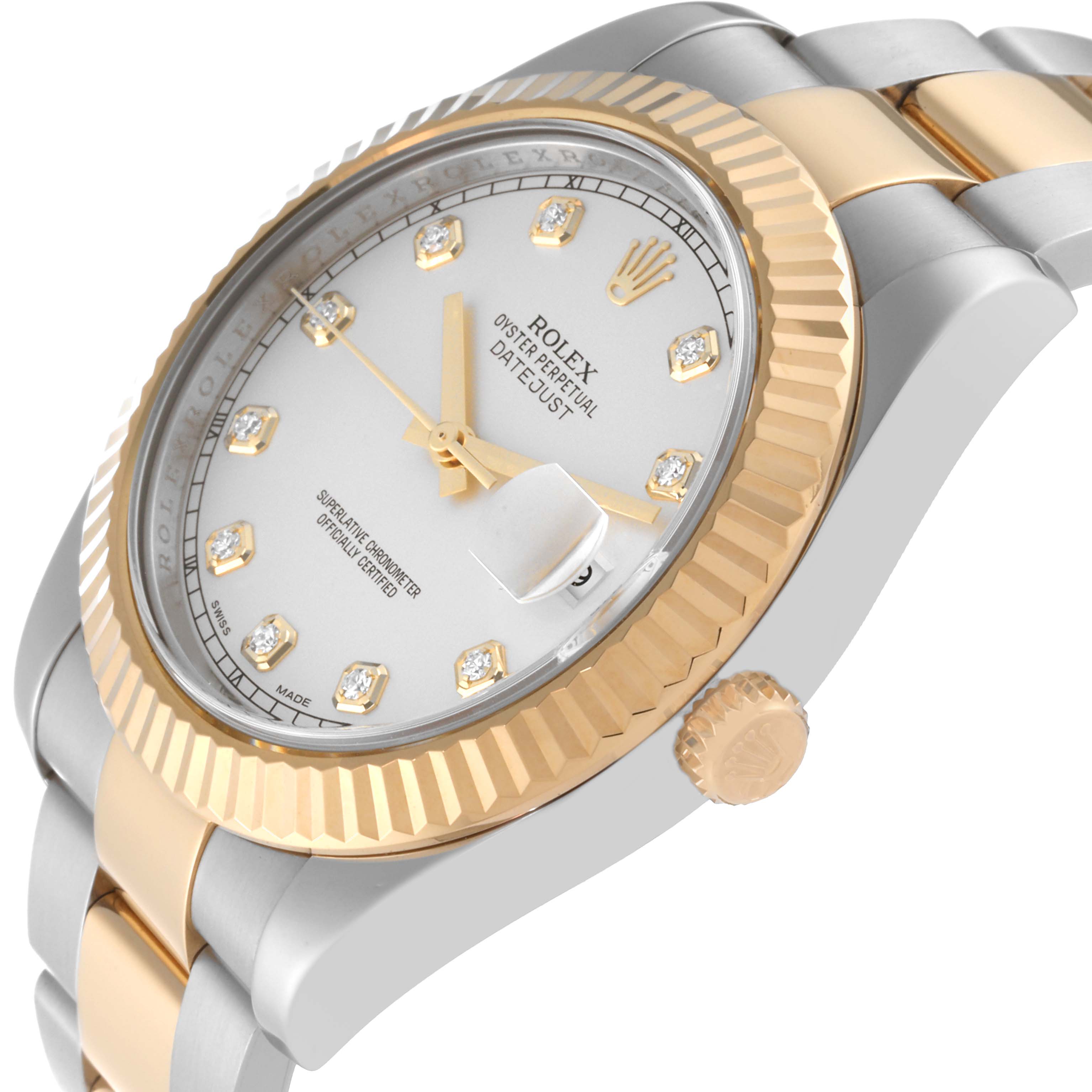 The image shows a Rolex Datejust 41 116333 Men's Steel and Gold (two tone) Silver Dial 116333 Men's Steel and Gold (two tone) Silver Dial watch at an angle highlighting the dial, fluted bezel, crown, and two-tone bracelet.