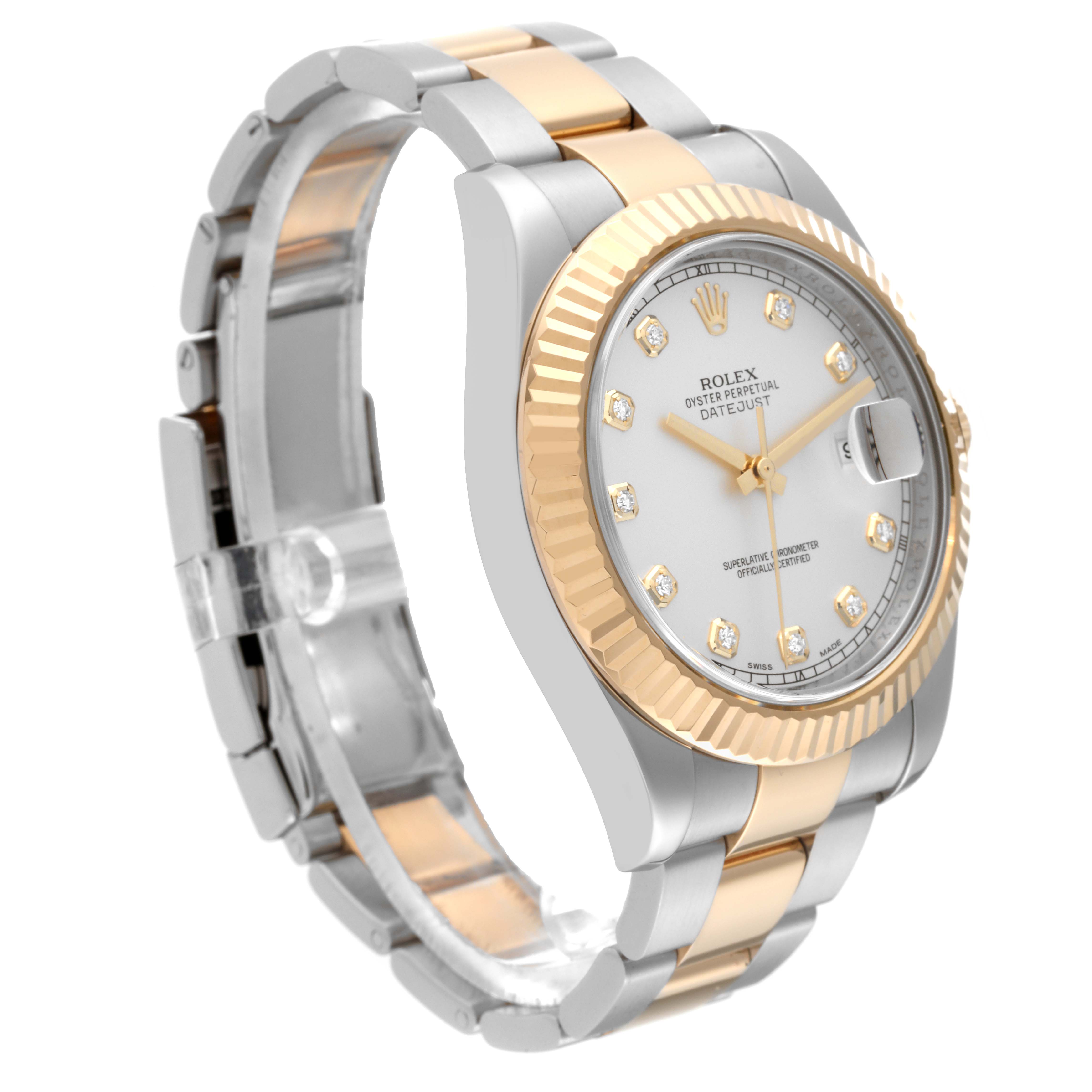 The image shows a side angle of a Rolex Datejust 41 116333 Men's Steel and Gold (two tone) Silver Dial 116333 Men's Steel and Gold (two tone) Silver Dial watch featuring a two-tone bracelet and a diamond hour marker dial.