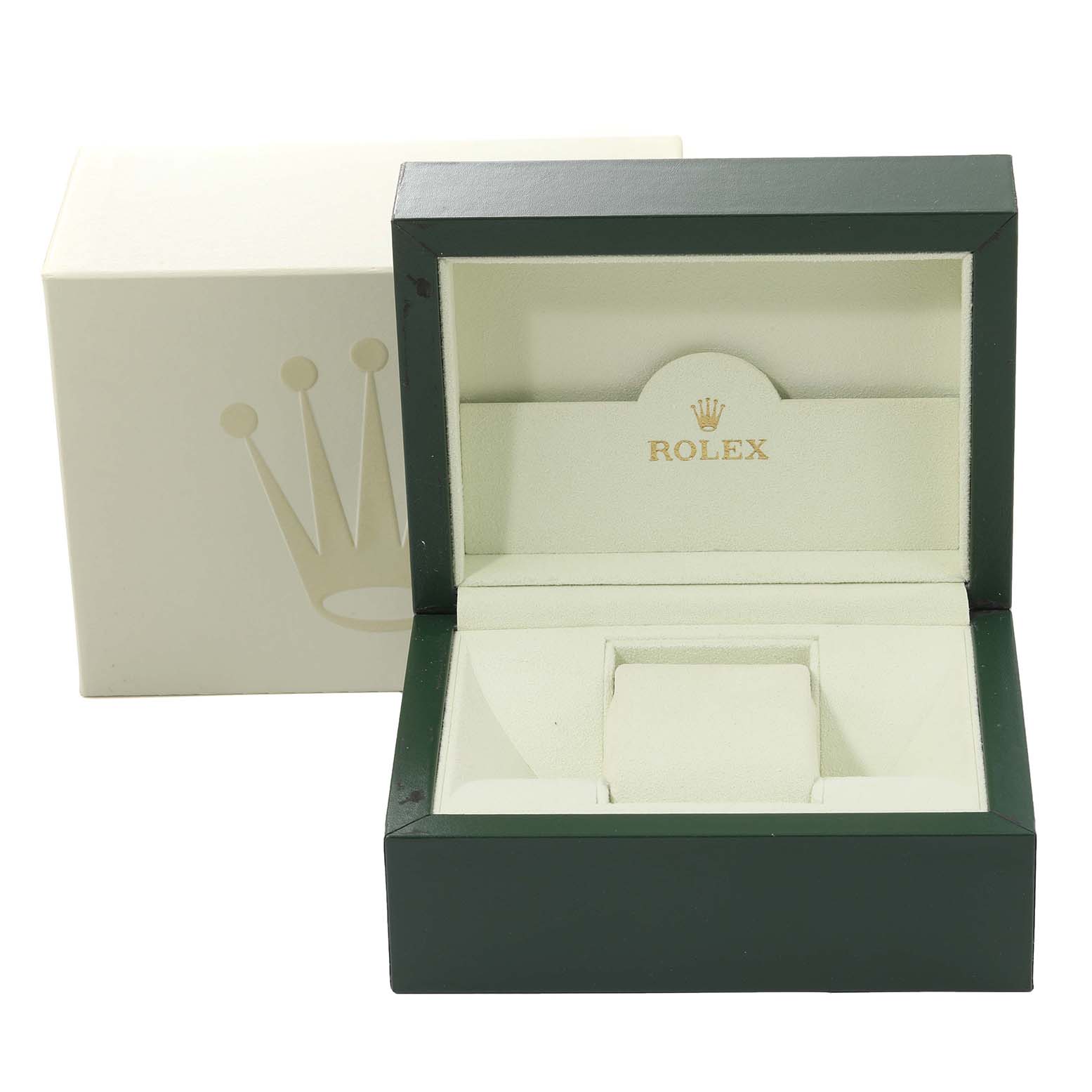 The image shows an open Rolex Datejust 41 116333 Men's Steel and Gold (two tone) Silver Dial 116333 Men's Steel and Gold (two tone) Silver Dial watch box with the lid upright and an outer box in the background.