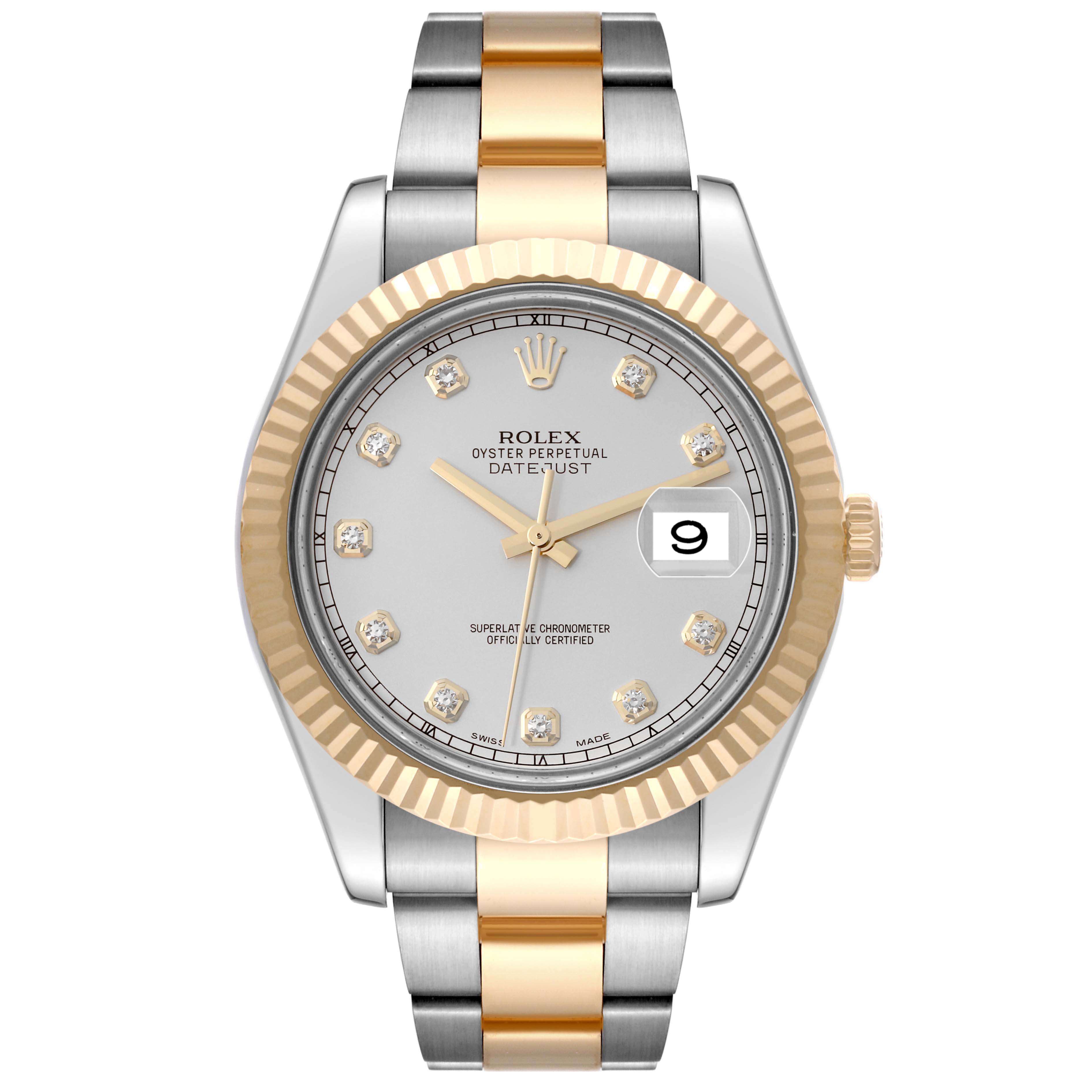 The image shows a front view of the Rolex Datejust 41 116333 Men's Steel and Gold (two tone) Silver Dial 116333 Men's Steel and Gold (two tone) Silver Dial watch, highlighting its dial, bezel, and bracelet.