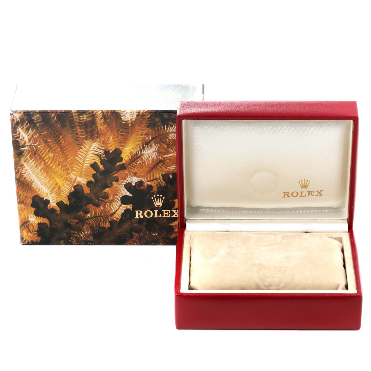 The image shows the packaging, including the box and cushion, for a Rolex President 69178 Women's Yellow Gold Champagne Dial 69178 Women's Yellow Gold Champagne Dial model watch.