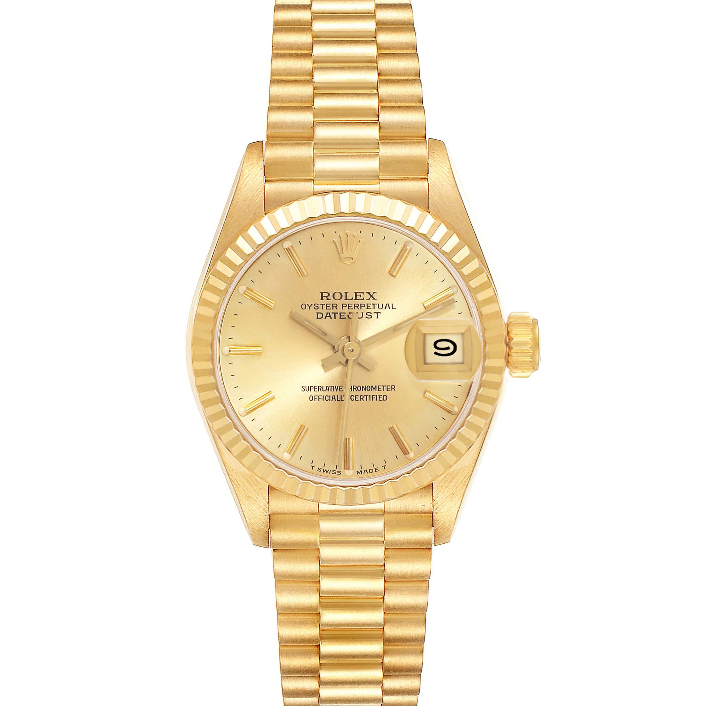 The image shows a front view of a gold Rolex President 69178 Women's Yellow Gold Champagne Dial 69178 Women's Yellow Gold Champagne Dial model, highlighting its dial, bezel, bracelet, and date window.