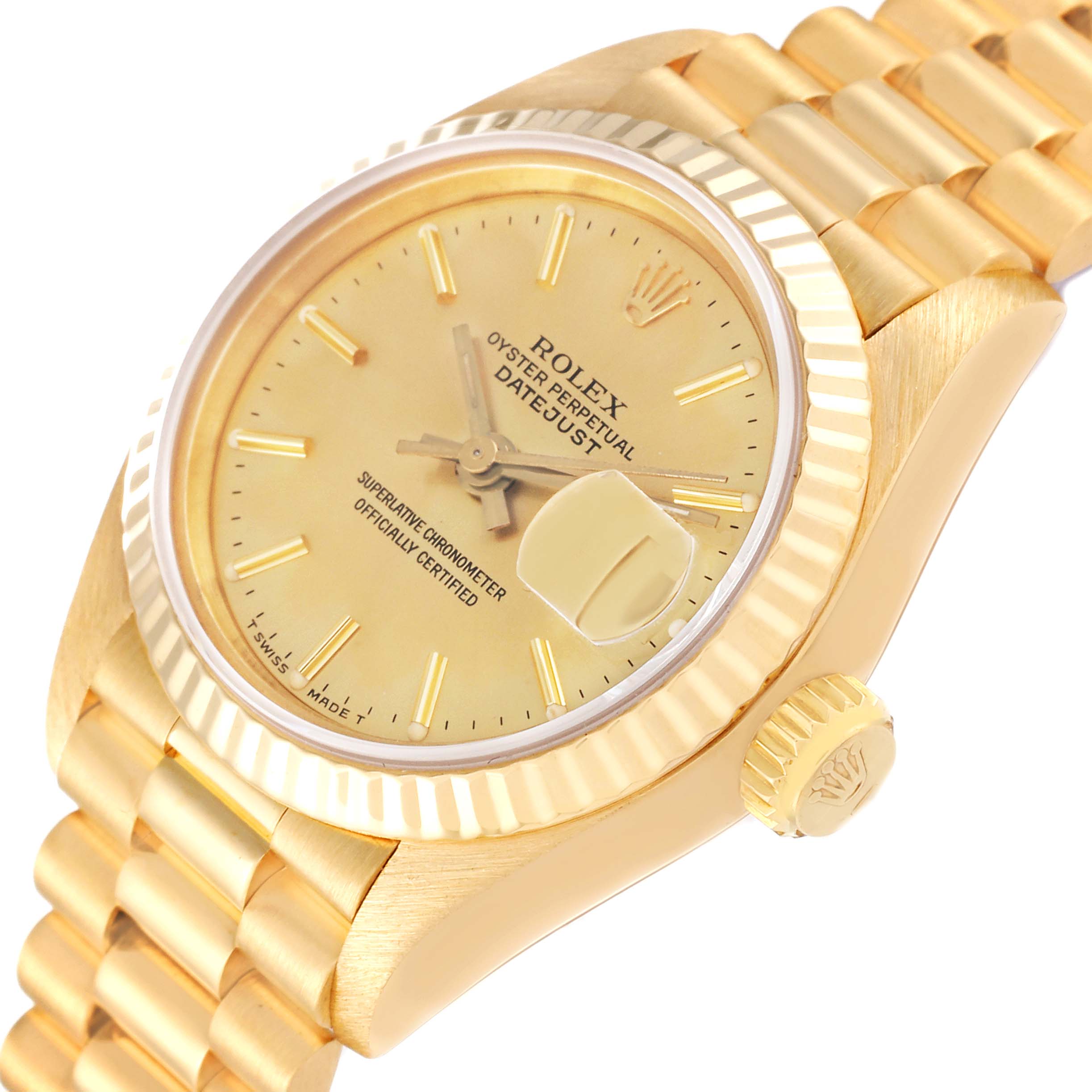 This image shows a Rolex President 69178 Women's Yellow Gold Champagne Dial 69178 Women's Yellow Gold Champagne Dial model watch from a slight angled side view, displaying its gold bracelet, crown, and dial face.