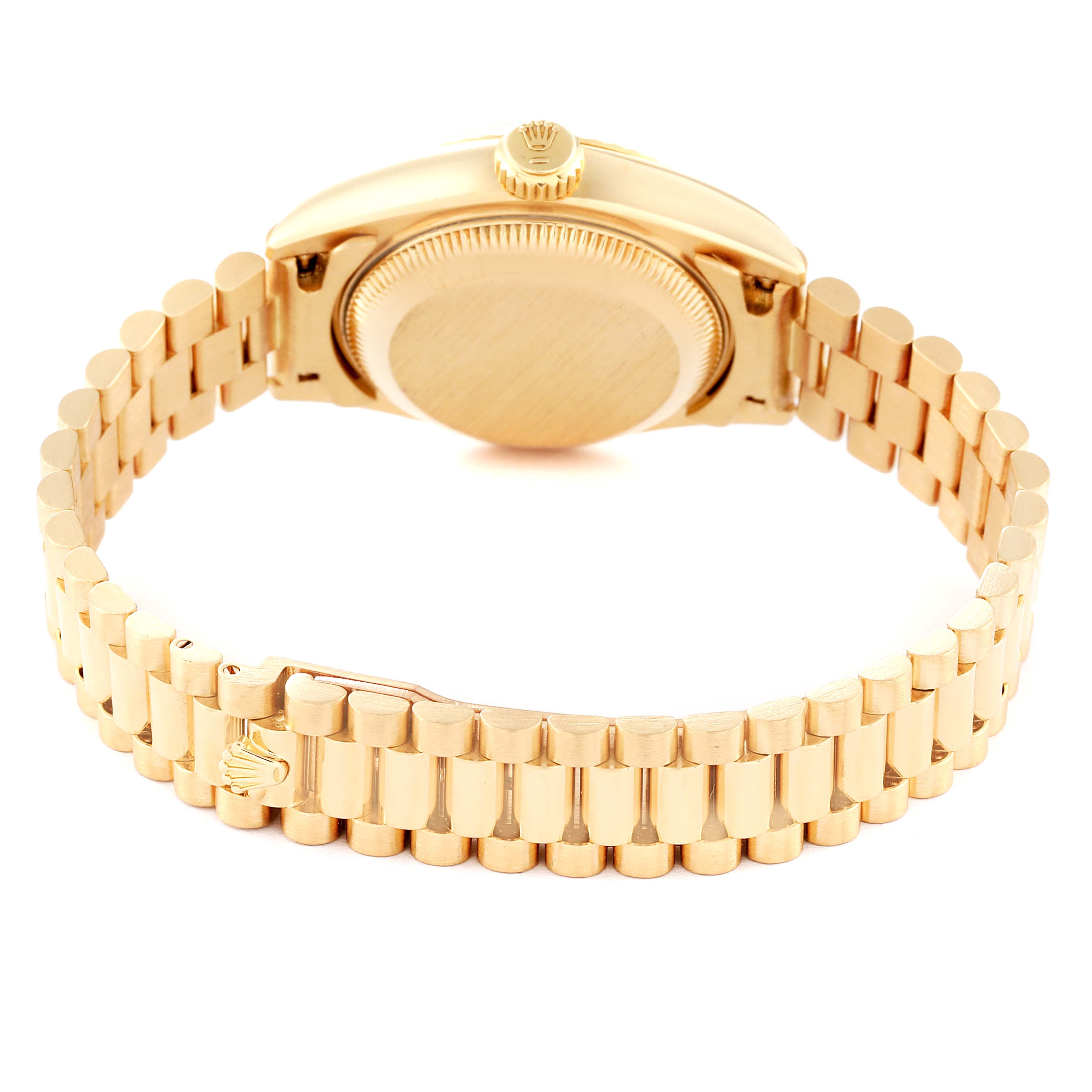 This is a rear view of the Rolex President 69178 Women's Yellow Gold Champagne Dial 69178 Women's Yellow Gold Champagne Dial model watch, showing the case back and bracelet.