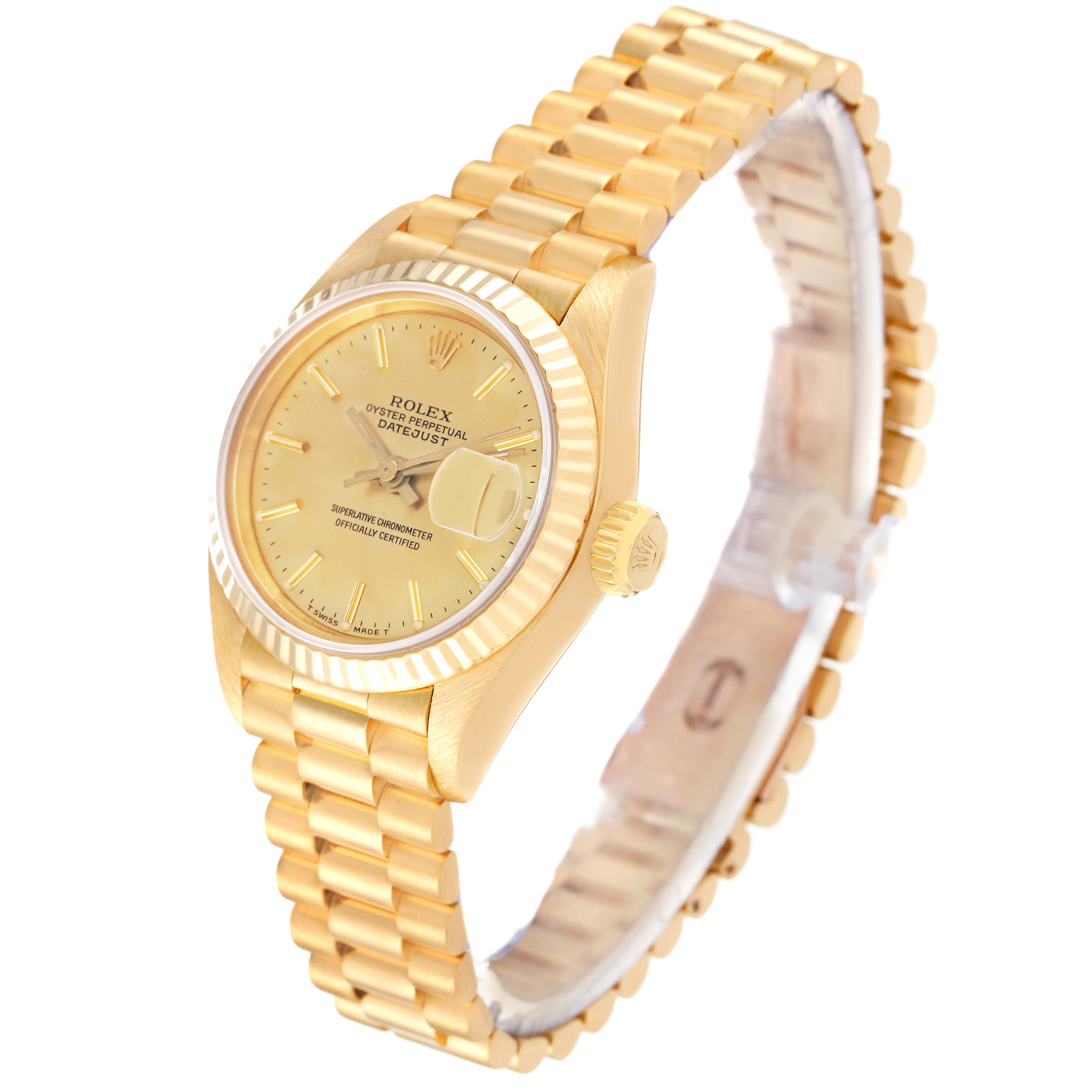The Rolex President 69178 Women's Yellow Gold Champagne Dial 69178 Women's Yellow Gold Champagne Dial model watch is shown at a three-quarter angle, displaying the face, fluted bezel, and bracelet.