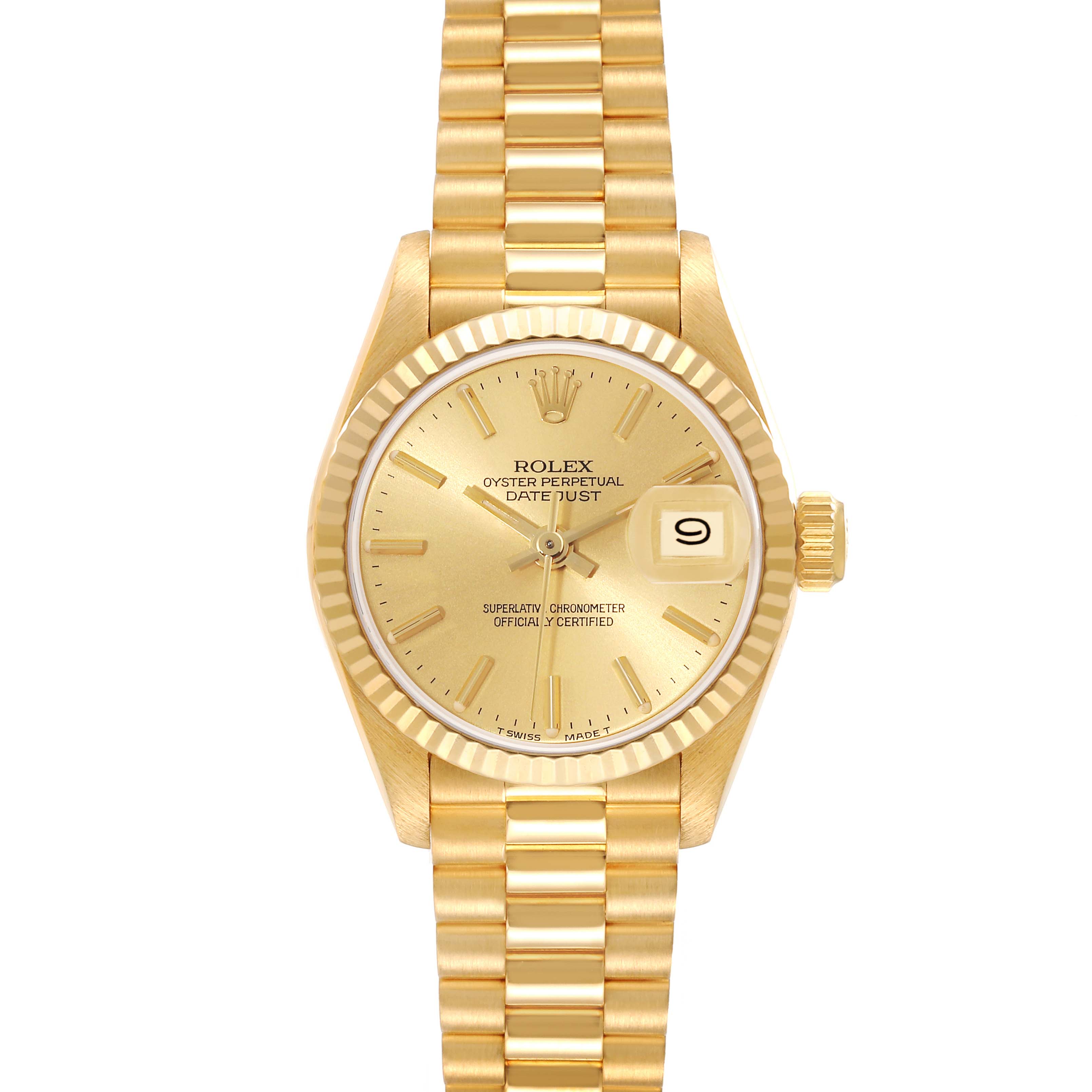 This is a front view of the Rolex President 69178 Women's Yellow Gold Champagne Dial 69178 Women's Yellow Gold Champagne Dial model showing its dial, bracelet, bezel, crown, and date aperture.