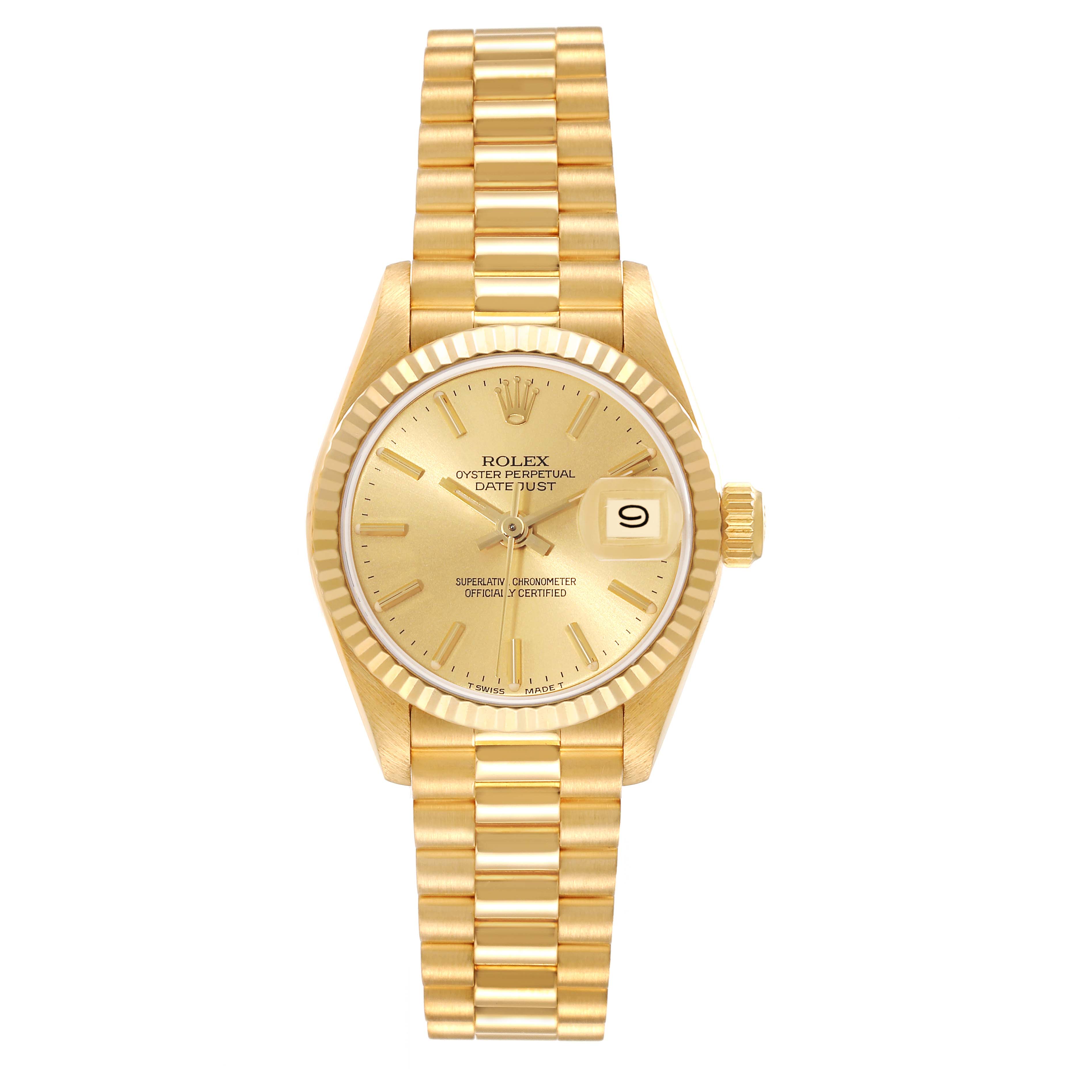 The image shows a front view of a gold Rolex President 69178 Women's Yellow Gold Champagne Dial 69178 Women's Yellow Gold Champagne Dial model watch, displaying the face, bezel, and bracelet.