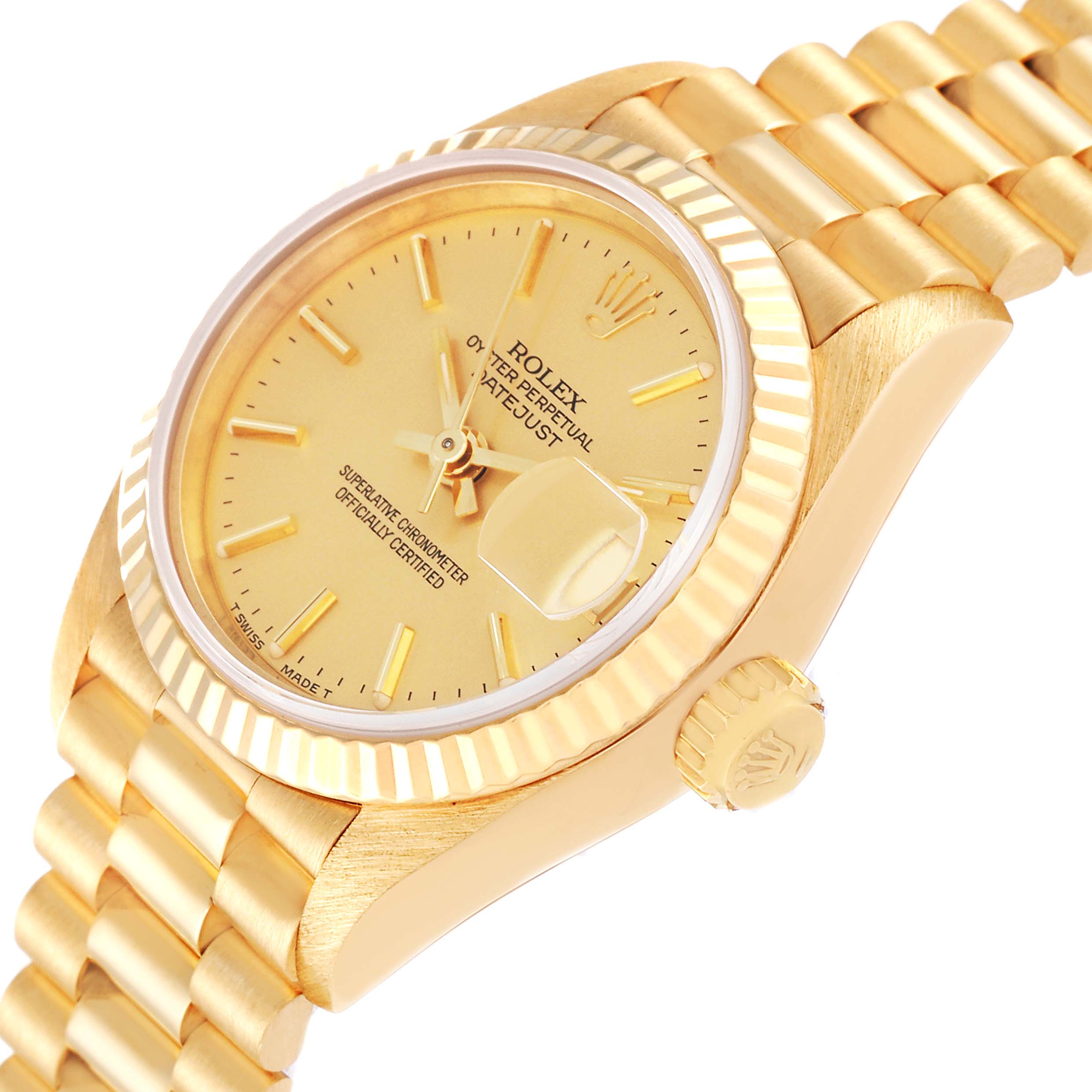 The image shows a Rolex President 69178 Women's Yellow Gold Champagne Dial 69178 Women's Yellow Gold Champagne Dial model watch at an angle highlighting its gold dial, fluted bezel, and part of the bracelet.