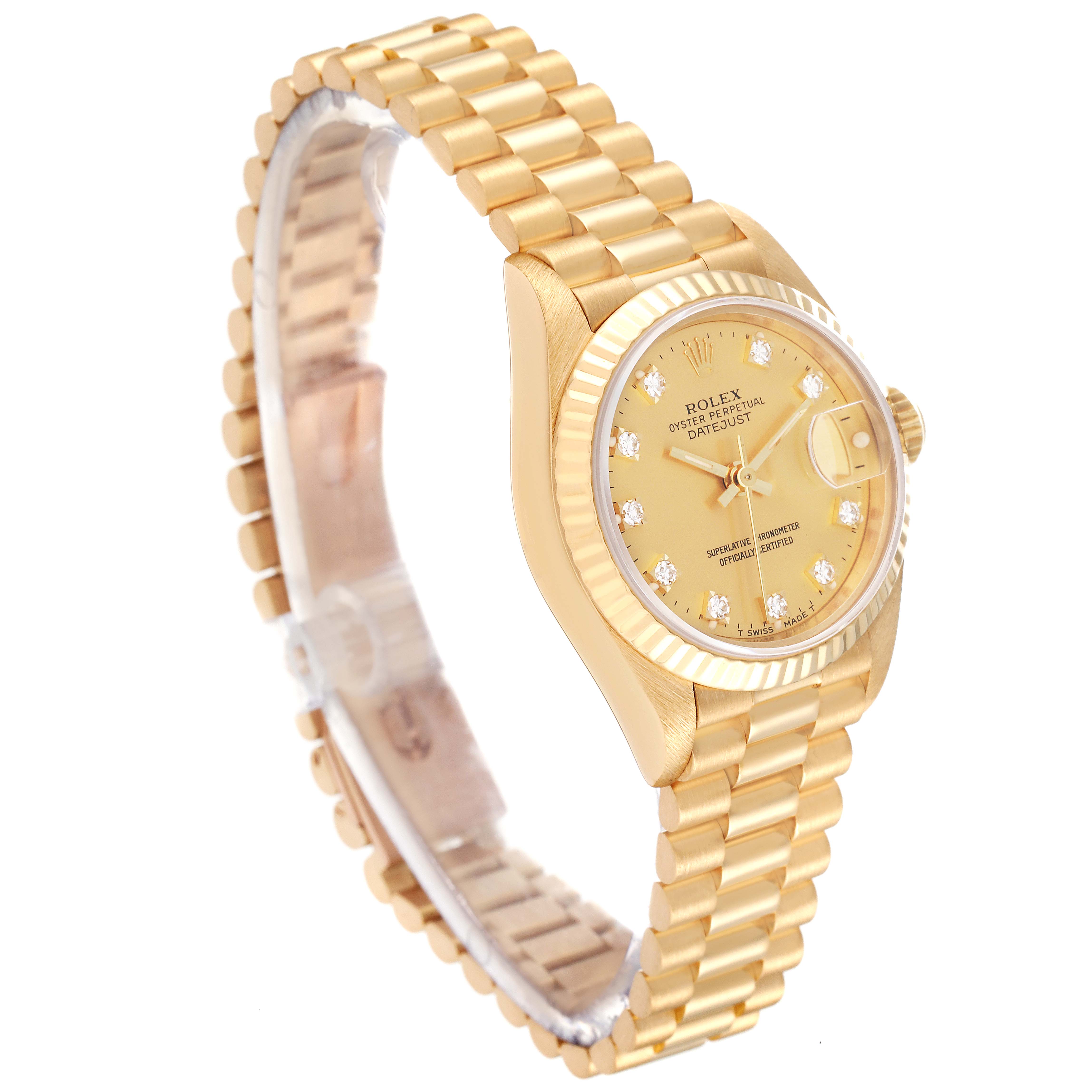 The image shows a side angle view of the Rolex President 69178 Women
s Yellow Gold Champagne Dial 69178 Women
s Yellow Gold Champagne Dial model watch, highlighting the band, bezel, and diamond-studded dial.