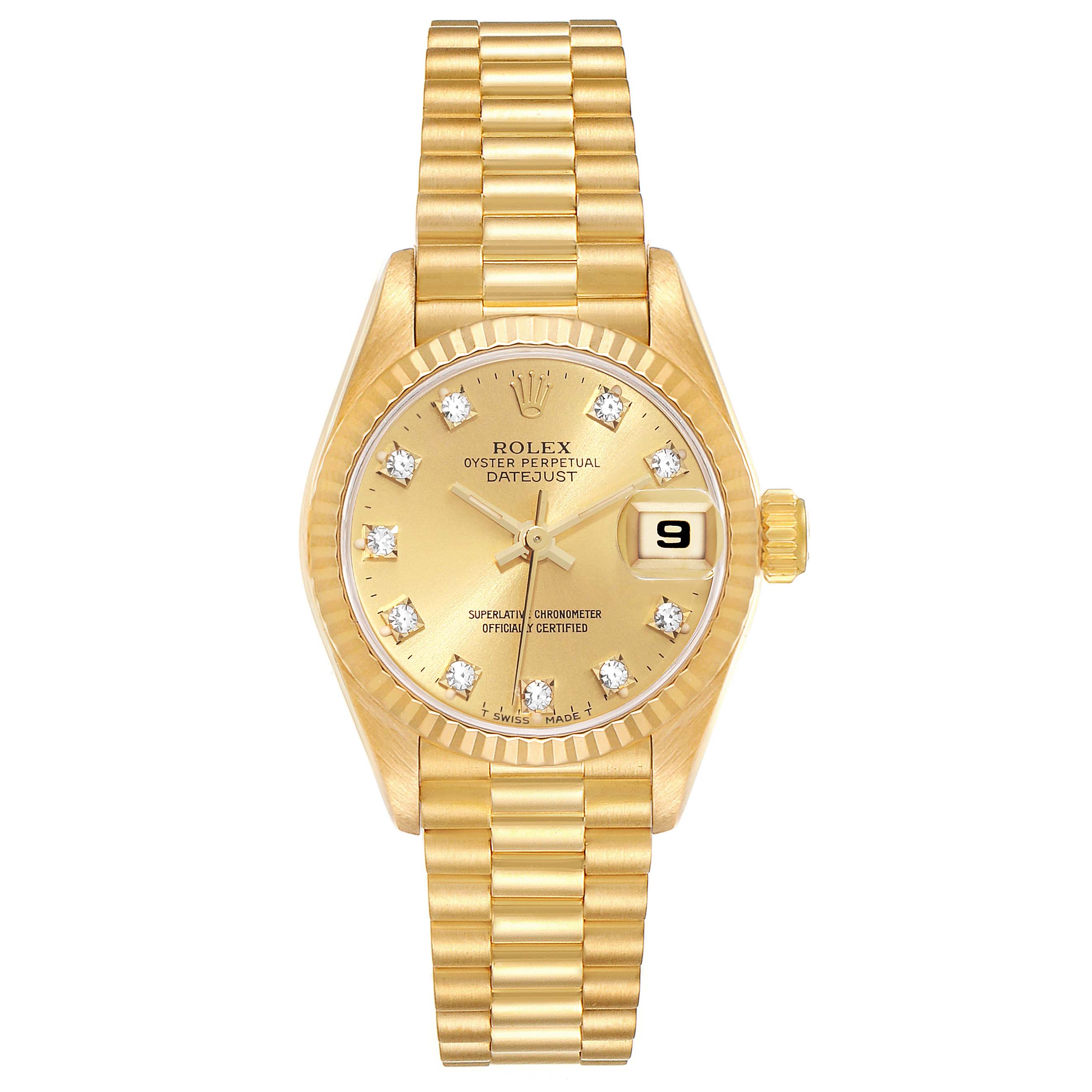 This image shows the front view of a Rolex President 69178 Women
s Yellow Gold Champagne Dial 69178 Women
s Yellow Gold Champagne Dial model watch with its gold dial, bracelet, and diamond hour markers.