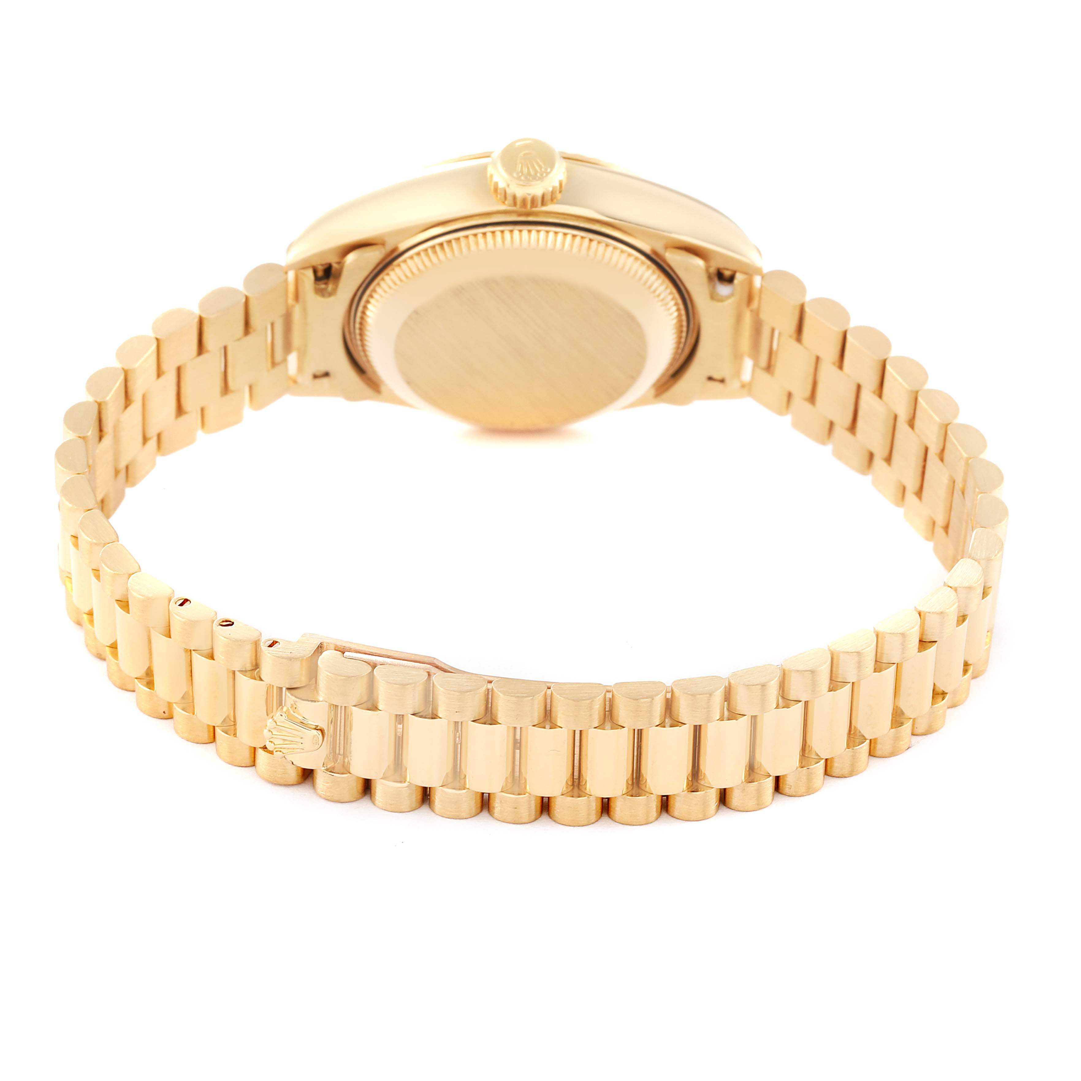 The image shows the back view of a Rolex President 69178 Women
s Yellow Gold Champagne Dial 69178 Women
s Yellow Gold Champagne Dial model watch, highlighting its caseback, crown, and gold bracelet.