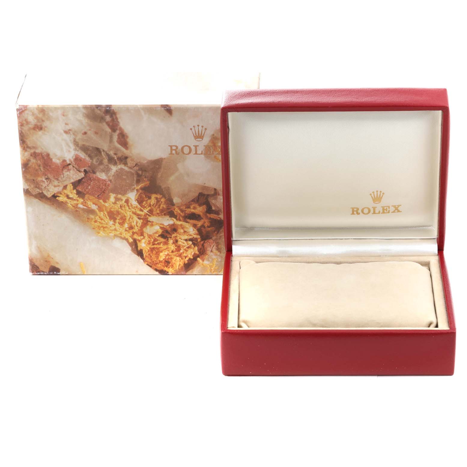 The image shows a Rolex President 69178 Women
s Yellow Gold Champagne Dial 69178 Women
s Yellow Gold Champagne Dial model watch box and case, with the watch cushion inside.