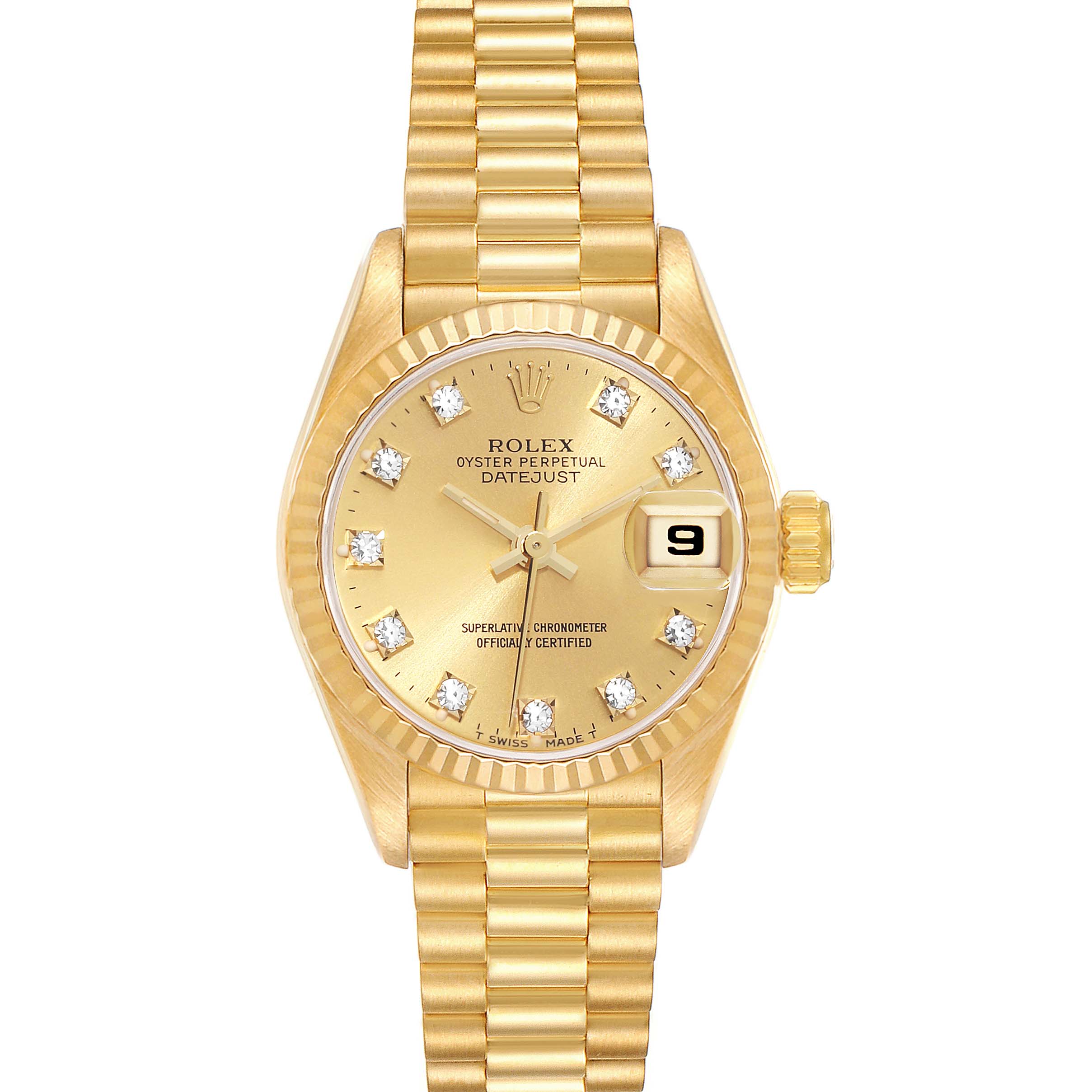 The image shows a front view of a Rolex President 69178 Women
s Yellow Gold Champagne Dial 69178 Women
s Yellow Gold Champagne Dial model watch, highlighting the dial, bezel, bracelet, and date window.
