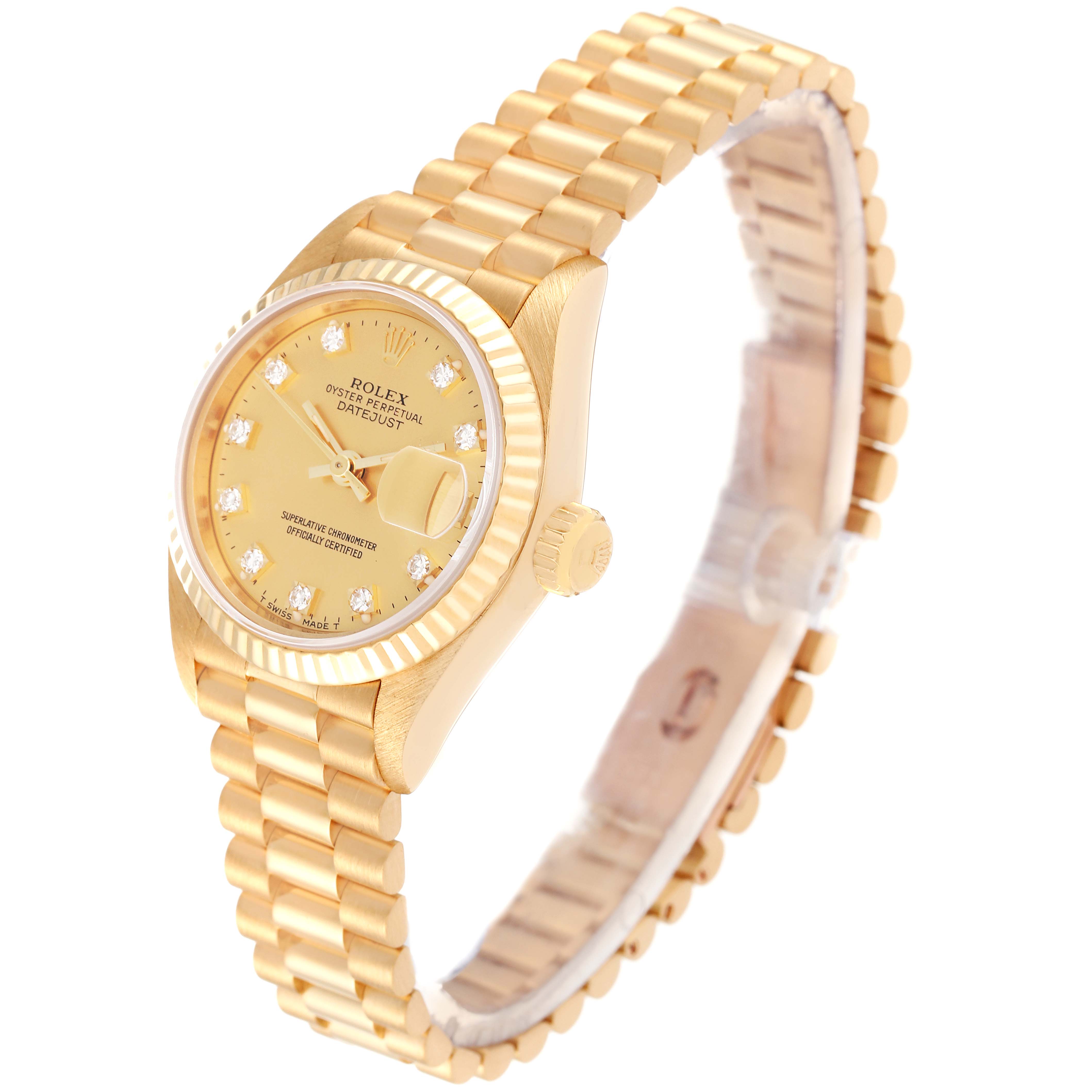 The Rolex President 69178 Women
s Yellow Gold Champagne Dial 69178 Women
s Yellow Gold Champagne Dial model watch is shown at an angled view, displaying the dial, bezel, crown, and bracelet.