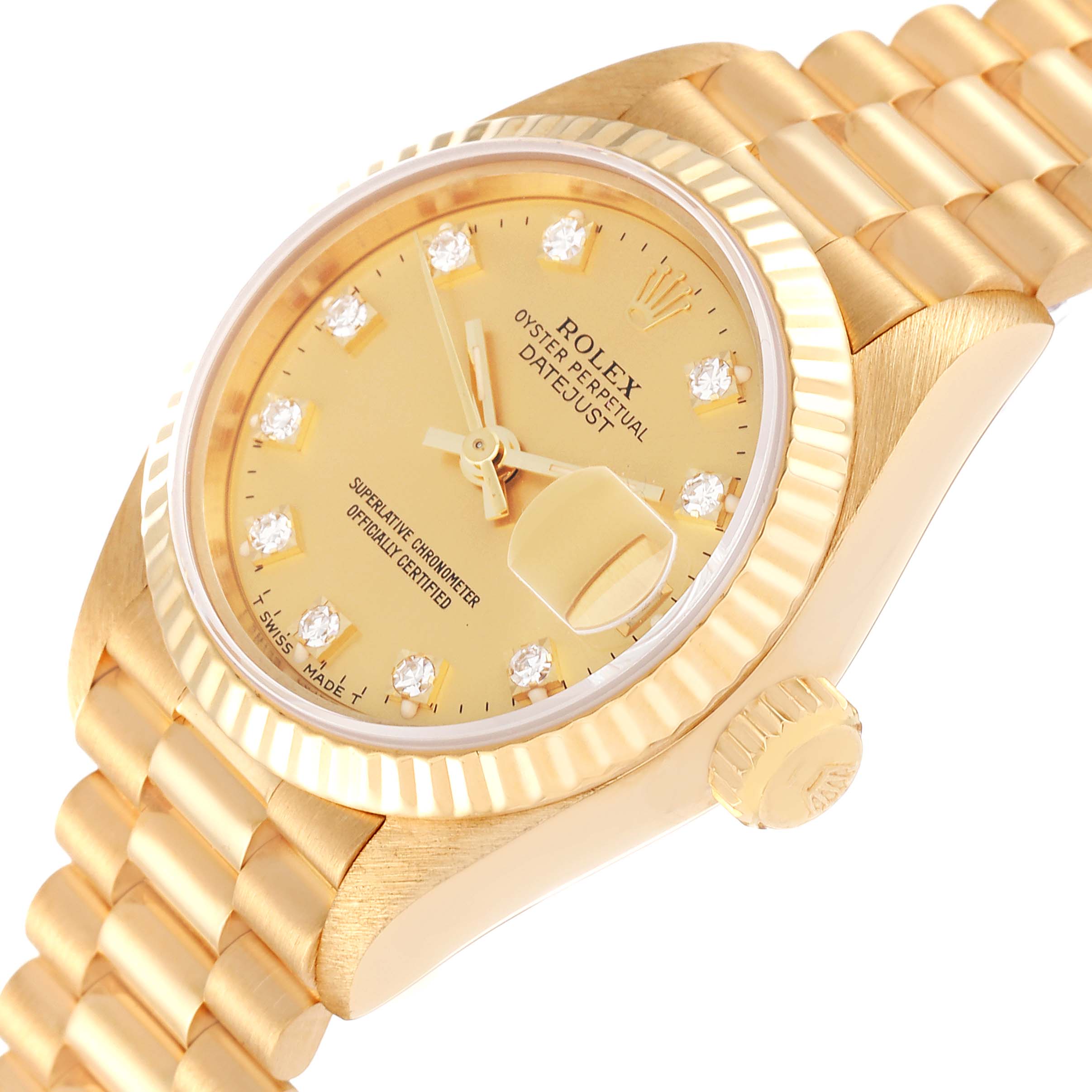 The image shows a close-up of the Rolex President 69178 Women
s Yellow Gold Champagne Dial 69178 Women
s Yellow Gold Champagne Dial model, including its gold case, fluted bezel, dial, crown, and part of the bracelet.