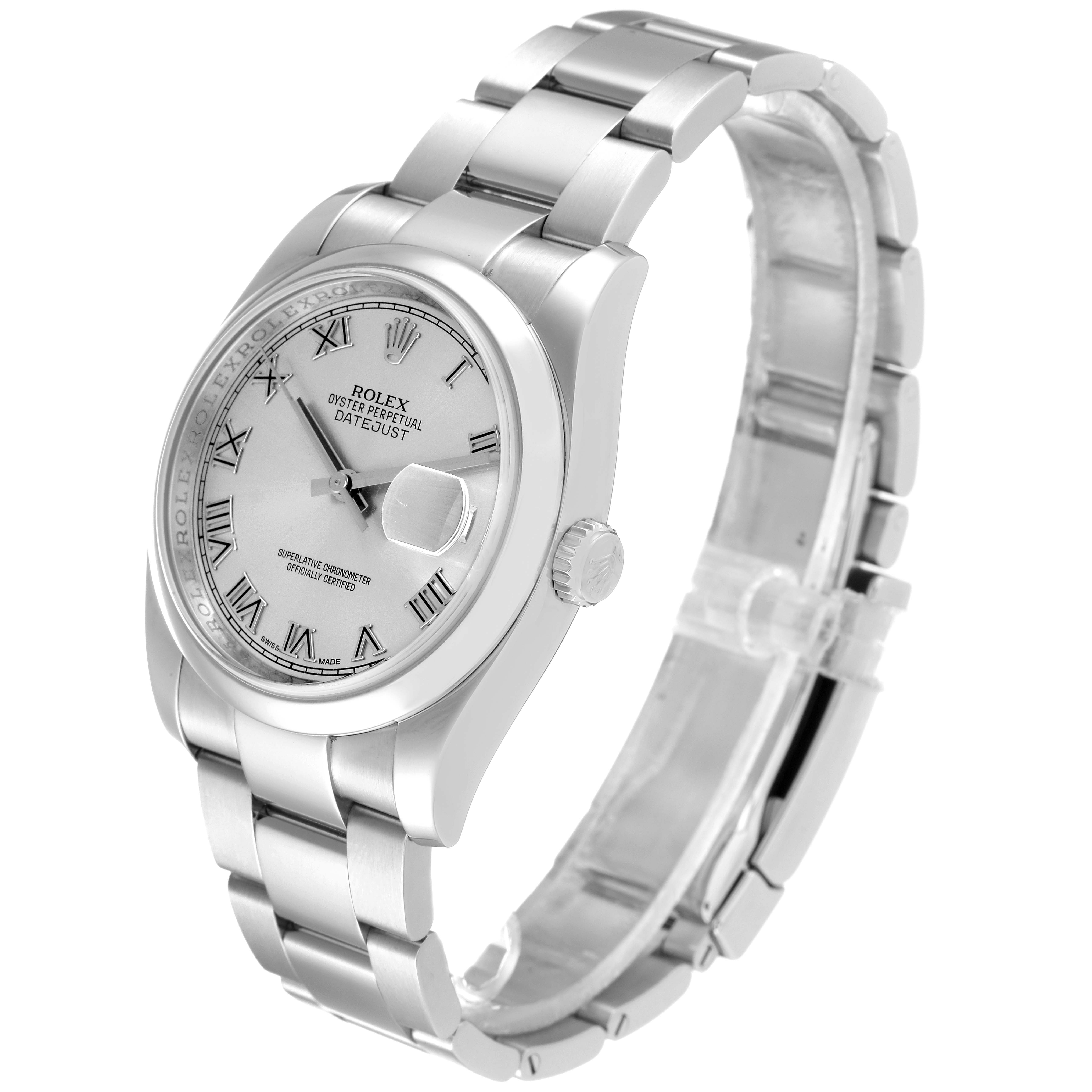 The image shows a Rolex Datejust 116200 Men's Stainless Steel Silver Dial 116200 Men's Stainless Steel Silver Dial watch, angled to display the face, crown, and bracelet.