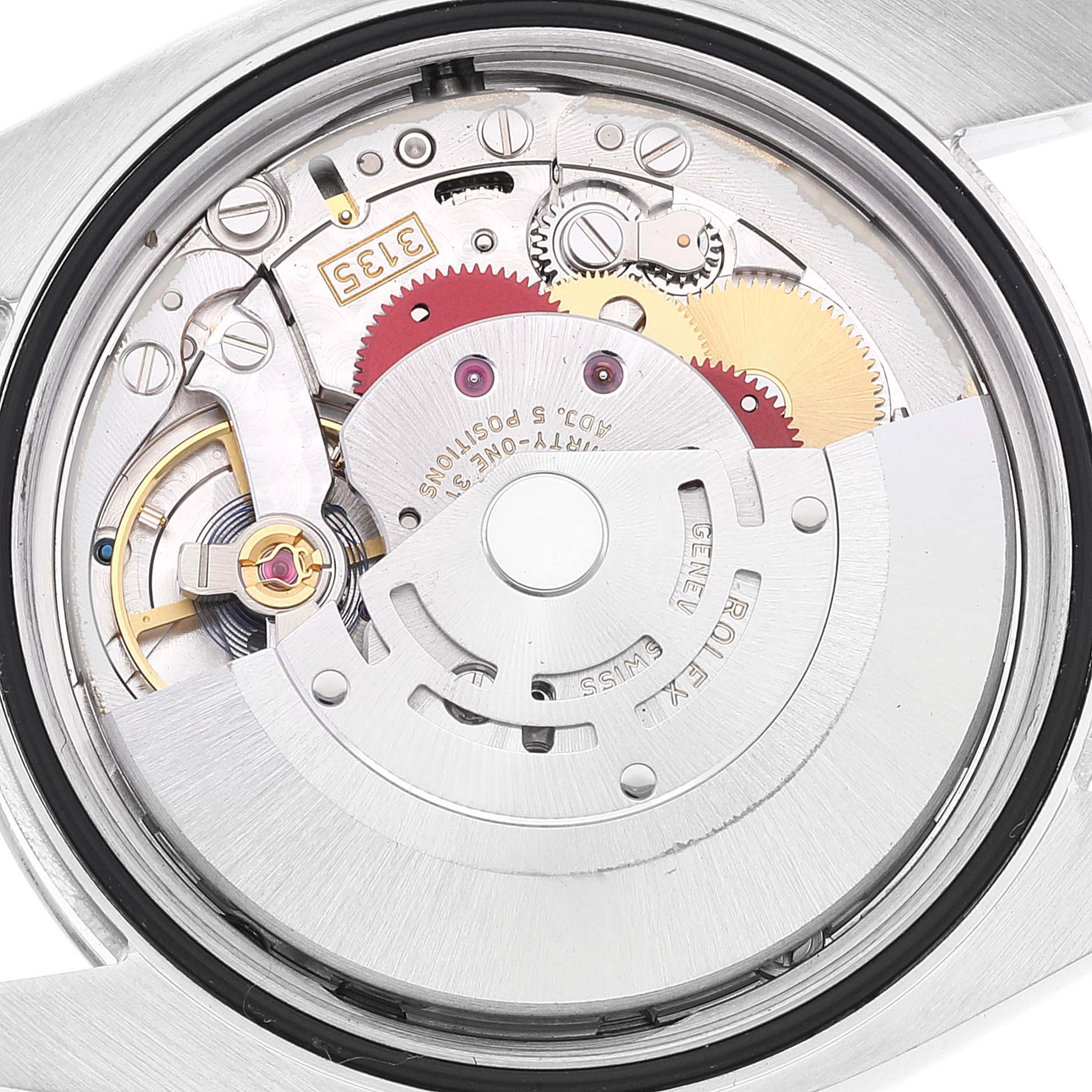 This image shows a close-up of the movement inside a Rolex Datejust 116200 Men's Stainless Steel Silver Dial 116200 Men's Stainless Steel Silver Dial watch, revealing the intricate gears and components.