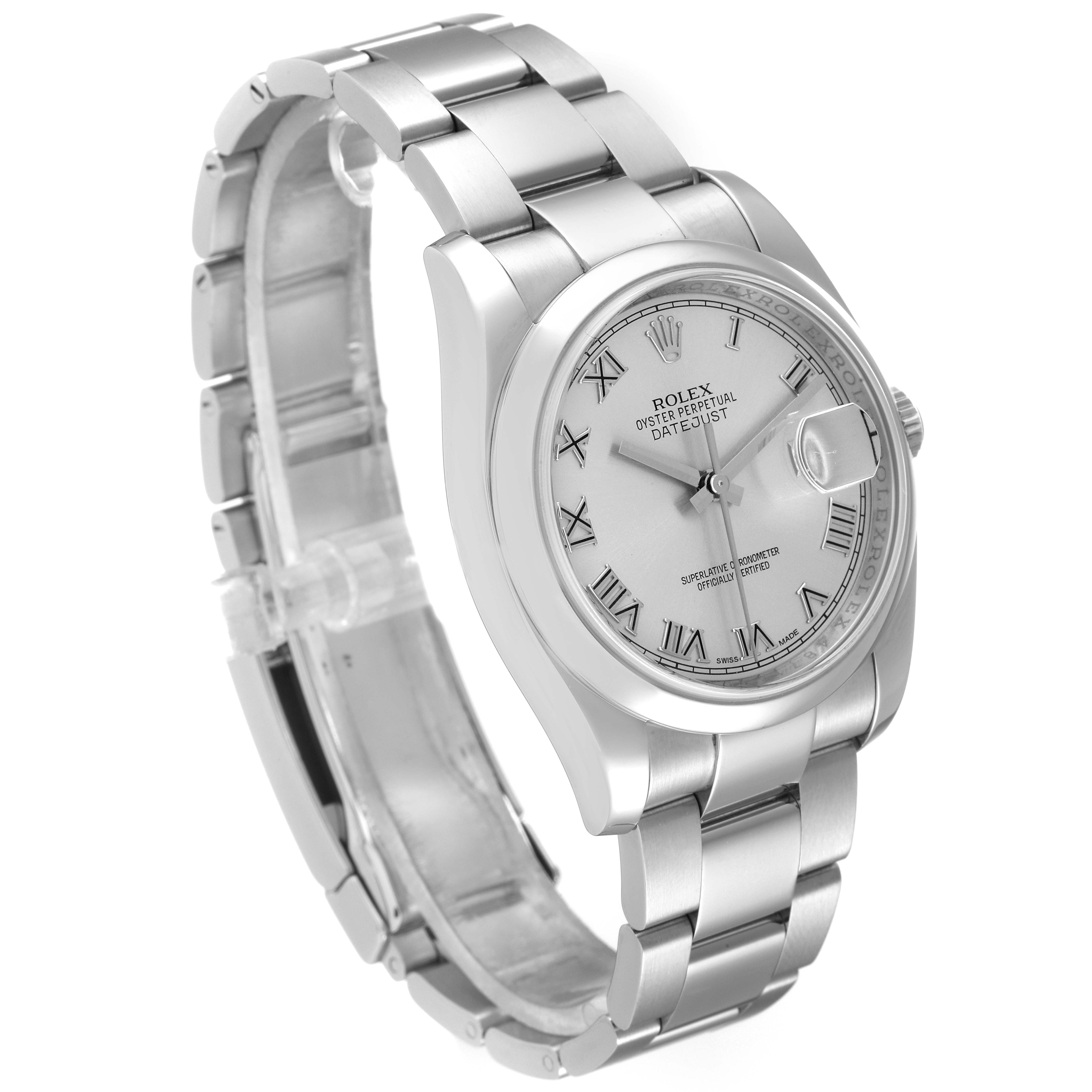 The image shows a Rolex Datejust 116200 Men's Stainless Steel Silver Dial 116200 Men's Stainless Steel Silver Dial watch at a 3/4 angle, highlighting the dial, bezel, and stainless steel bracelet.