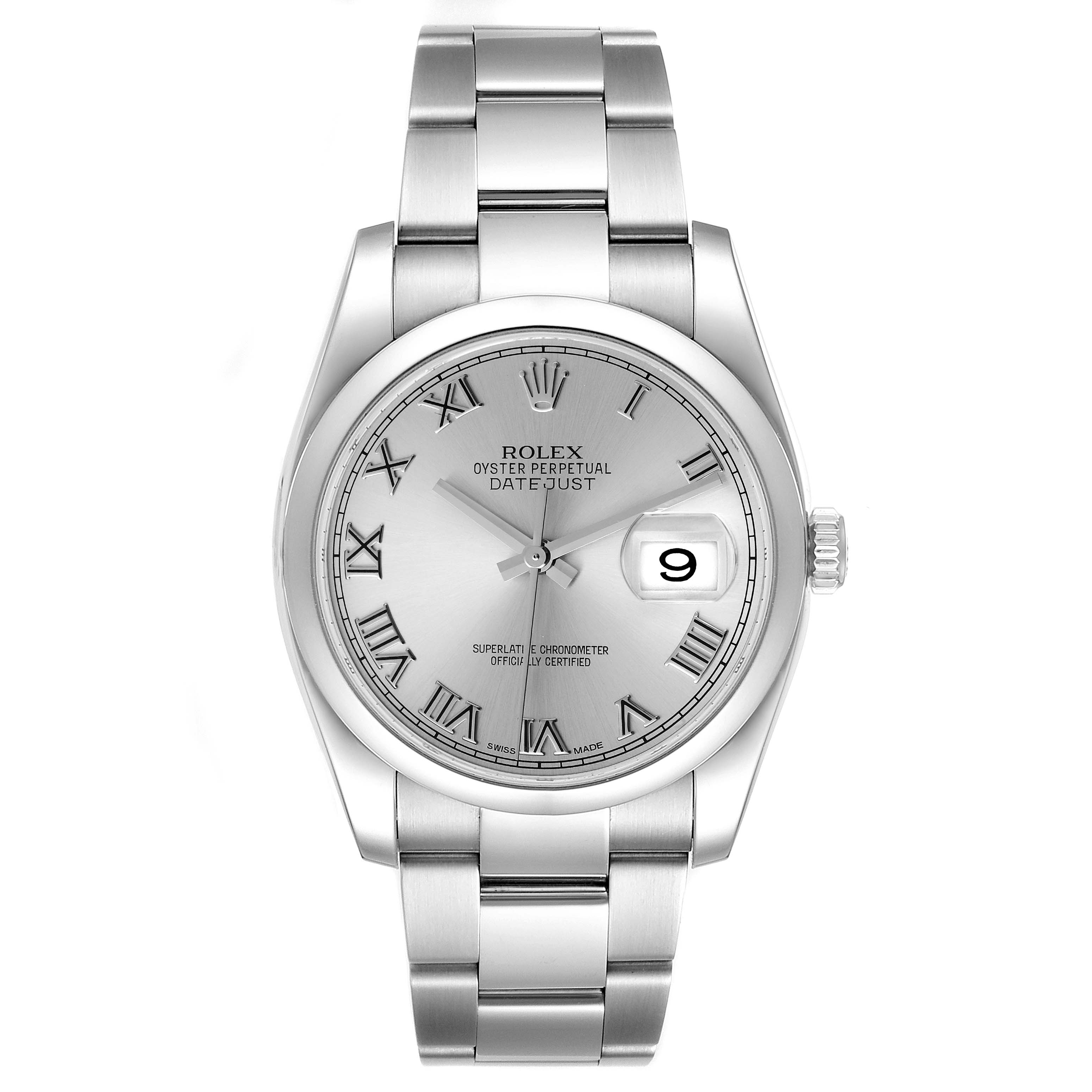 This image shows a frontal view of a Rolex Datejust 116200 Men's Stainless Steel Silver Dial 116200 Men's Stainless Steel Silver Dial watch displaying the face, bezel, case, and bracelet.
