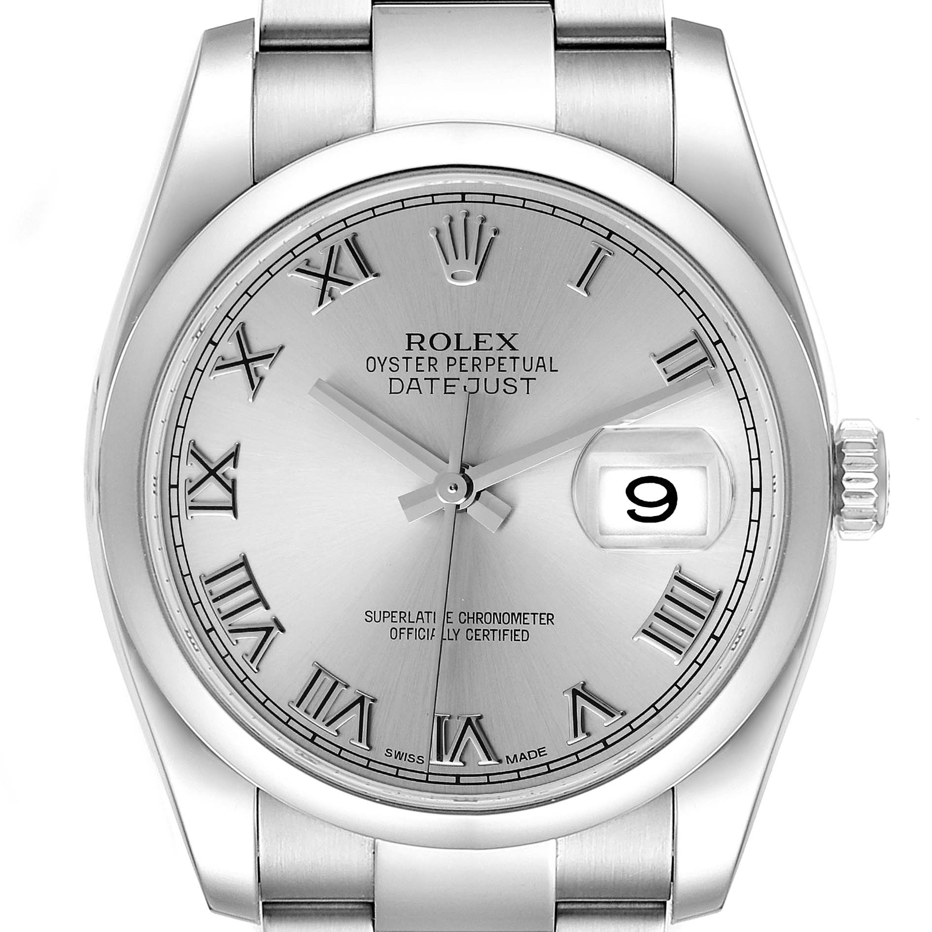 The image shows a front view of the Rolex Datejust 116200 Men's Stainless Steel Silver Dial 116200 Men's Stainless Steel Silver Dial model, highlighting the dial, hands, date window, and bracelet.