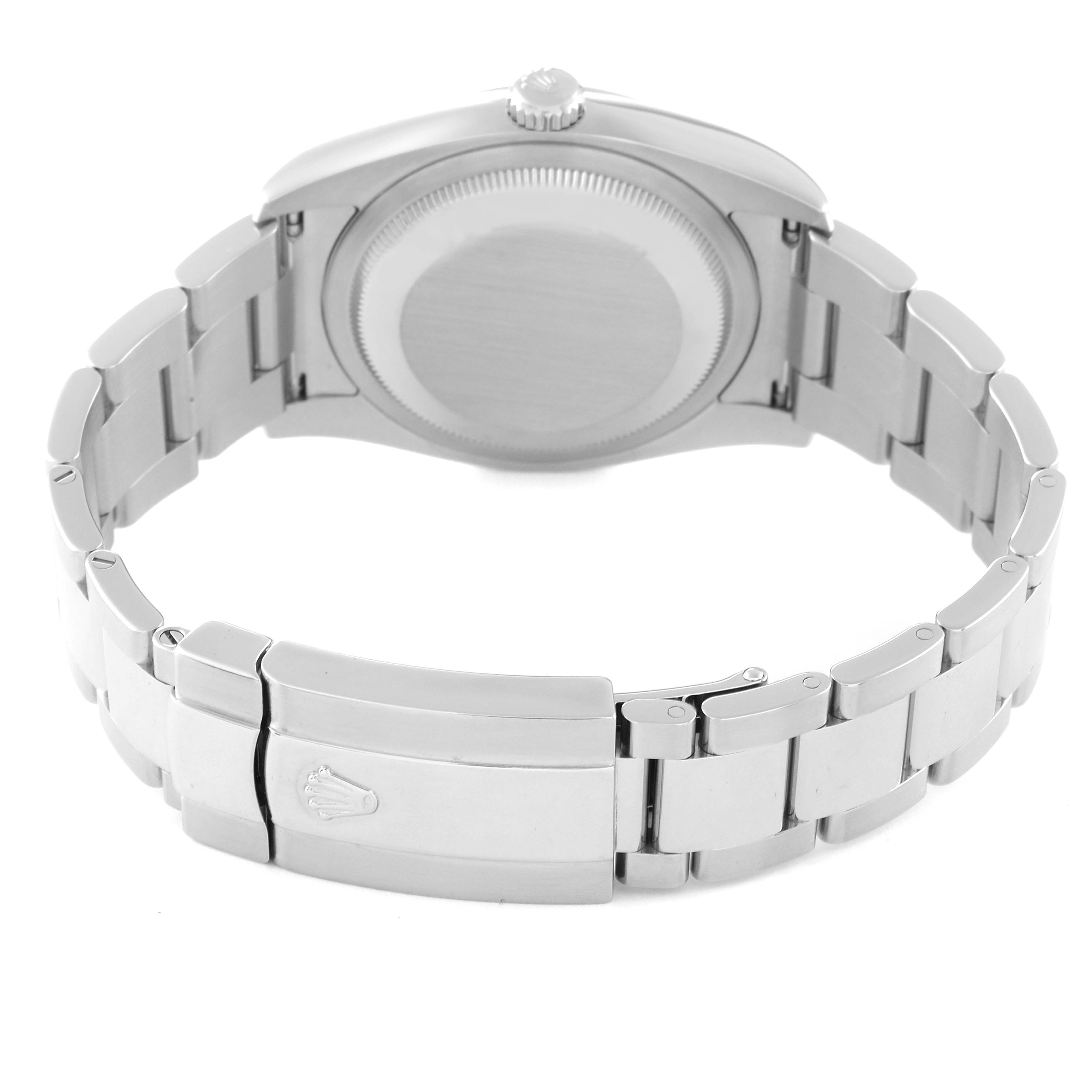 This is a rear view of the Rolex Datejust 116200 Men's Stainless Steel Silver Dial 116200 Men's Stainless Steel Silver Dial watch, showcasing the case back and metal bracelet with clasp.